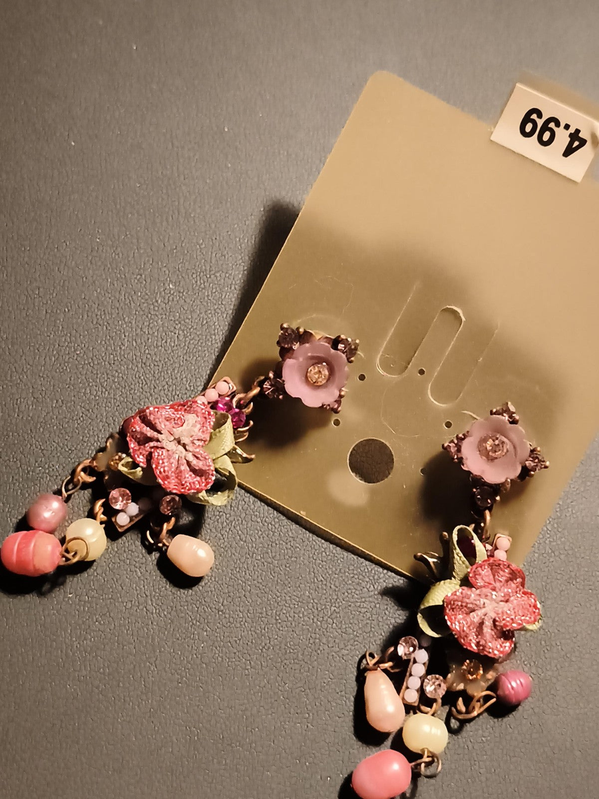 Boucles d’oreilles vintage pendantes fleurs perles rose deadstock fantaisie rétr