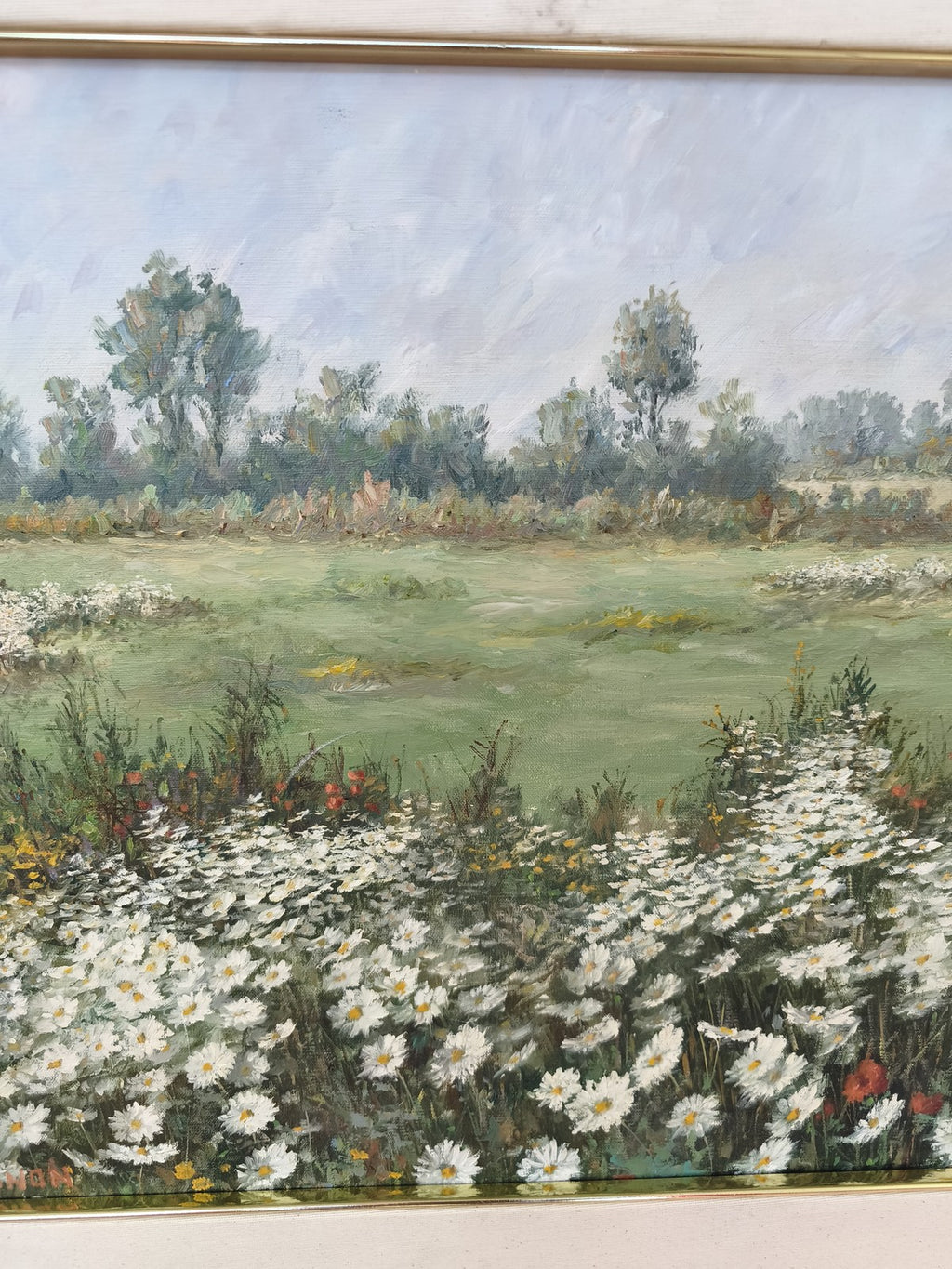 Grand tableau vintage paysage fleuri marguerites signé André Le Mignon ancien ra