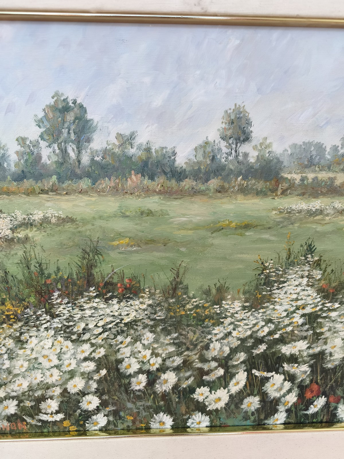 Grand tableau vintage paysage fleuri marguerites signé André Le Mignon ancien ra