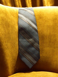 Cravate vintage homme rayée bleu gris marron soie élégante années 70 rétro