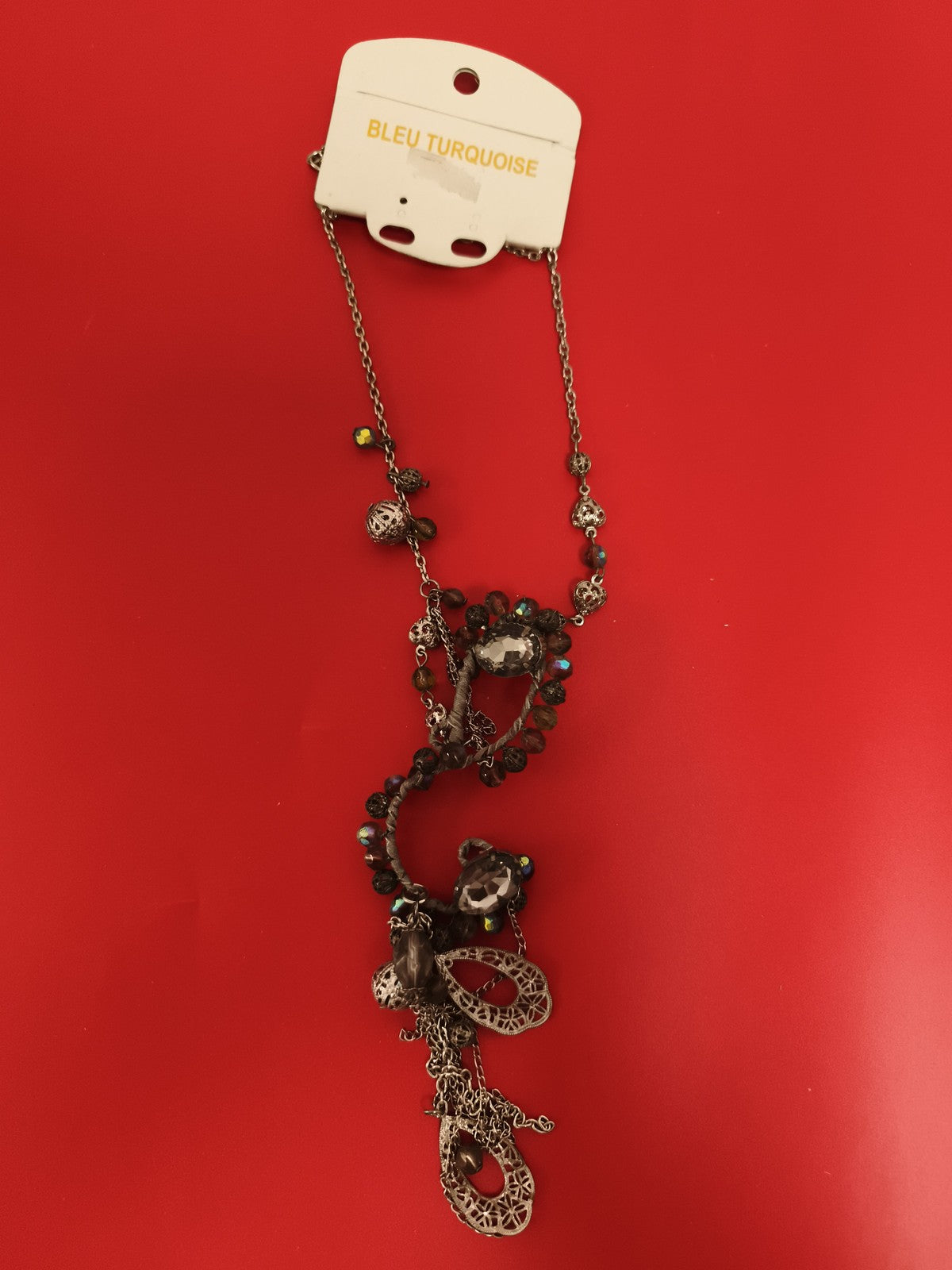 Collier fantaisie Bleu Turquoise vintage, pendentifs perlés, deadstock, chaîne m