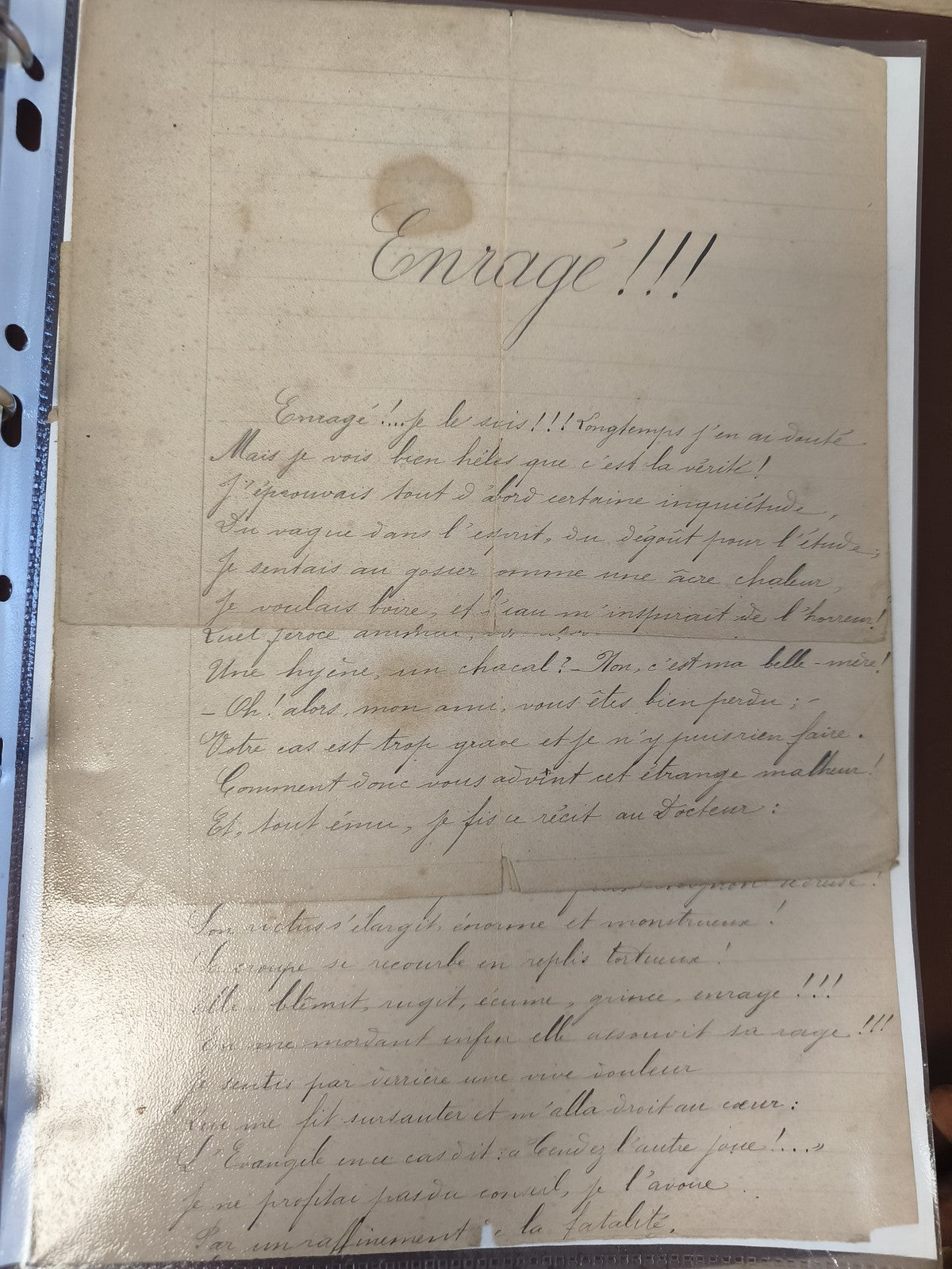 Ancien manuscrit Enragé !!! texte original, écriture cursive, document d?époque