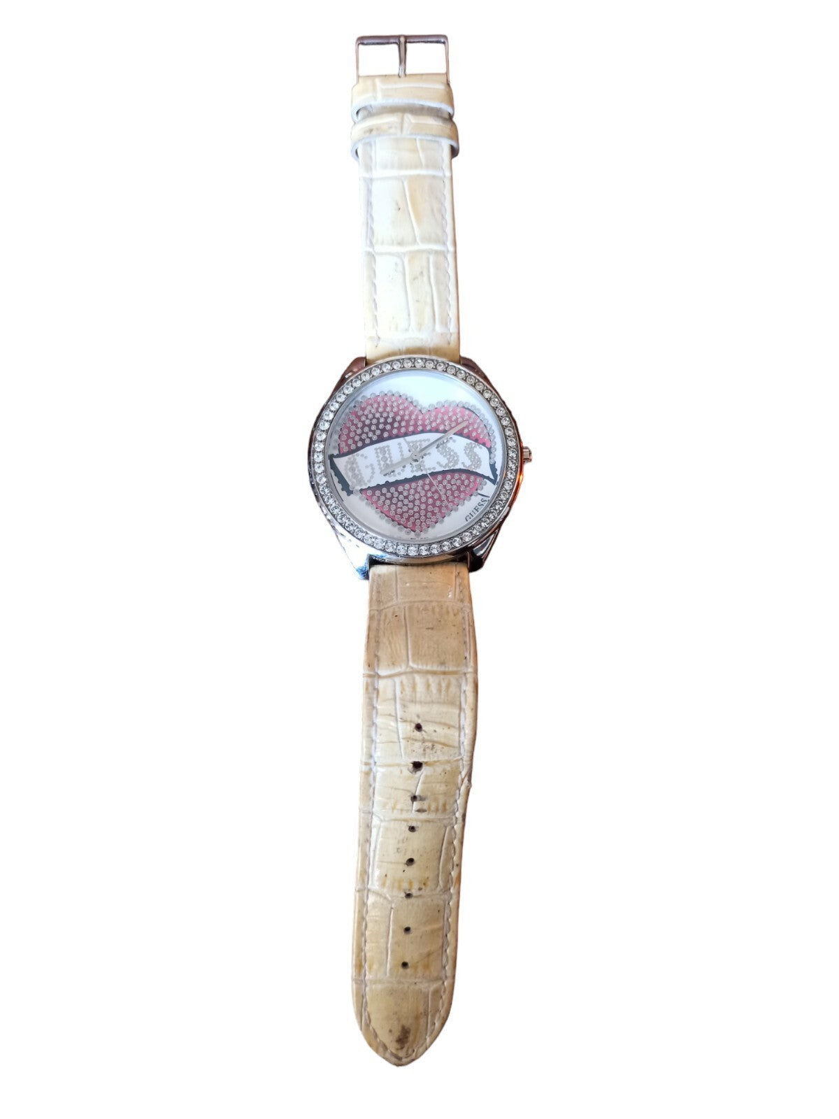 Montre Guess vintage cœur strass cadran édition limitée quartz cuir beige