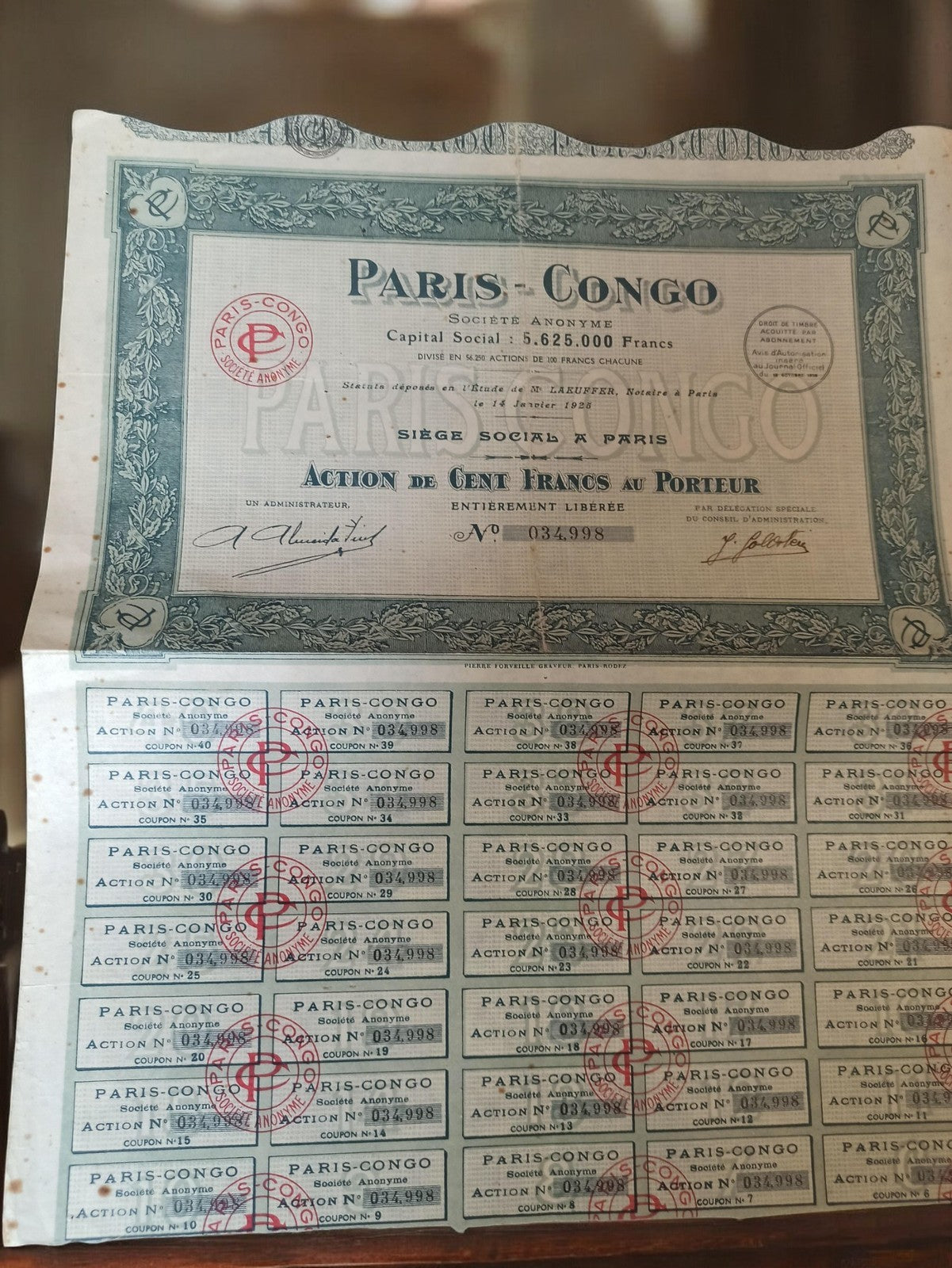Action au porteur Paris-Congo années 1920 vintage, coupon, titre ancien