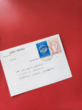 Carte postale avec timbres philatélie France, oblitérée, écriture manuscrite