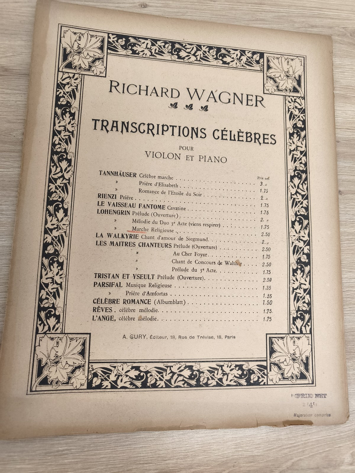 Ancien livre partitions violon piano Wagner Transcriptions célèbres déco floral