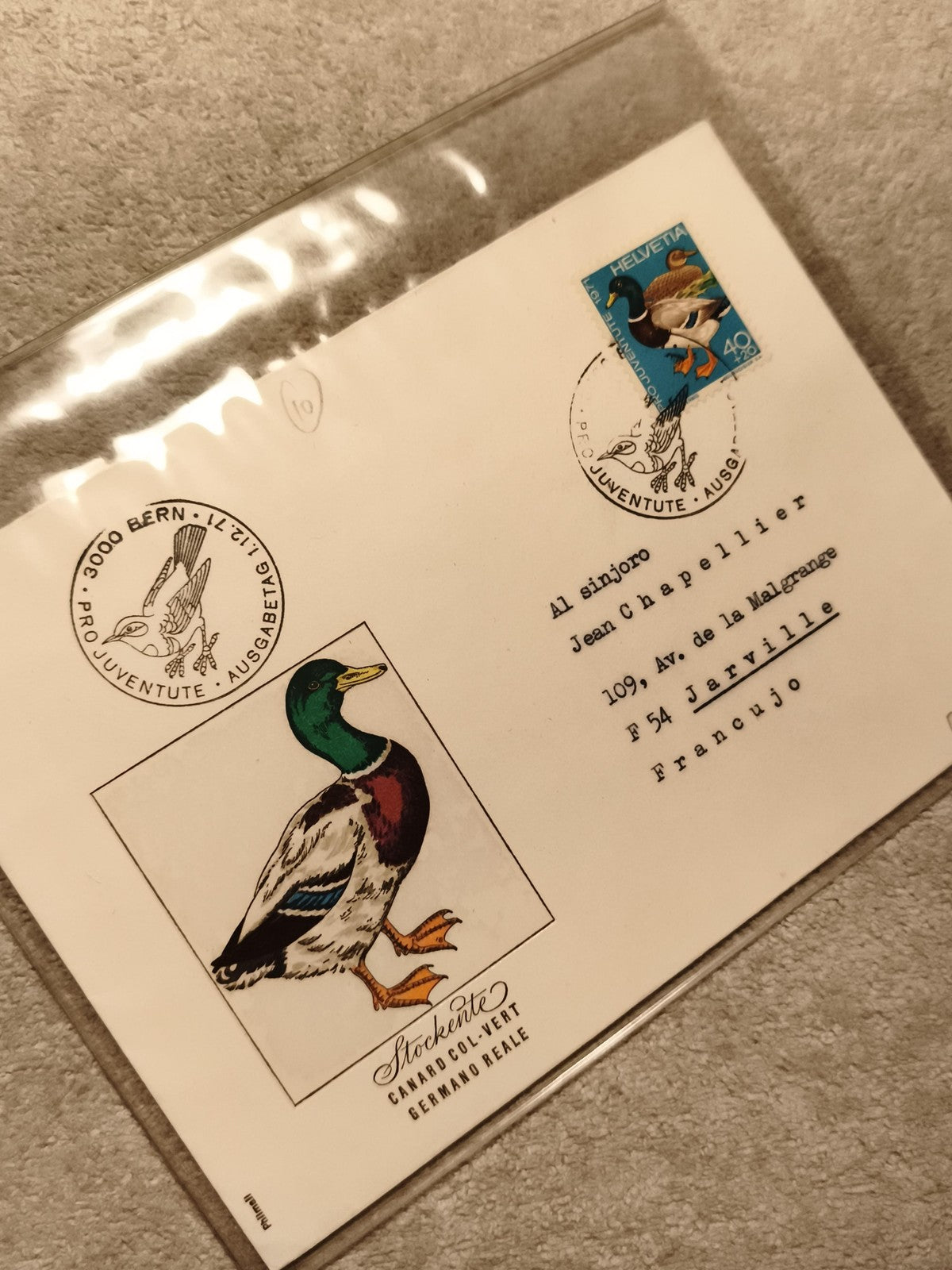 Lettre premier jour Suisse canard colvert Stockente timbre Helvetia (Ref 10)