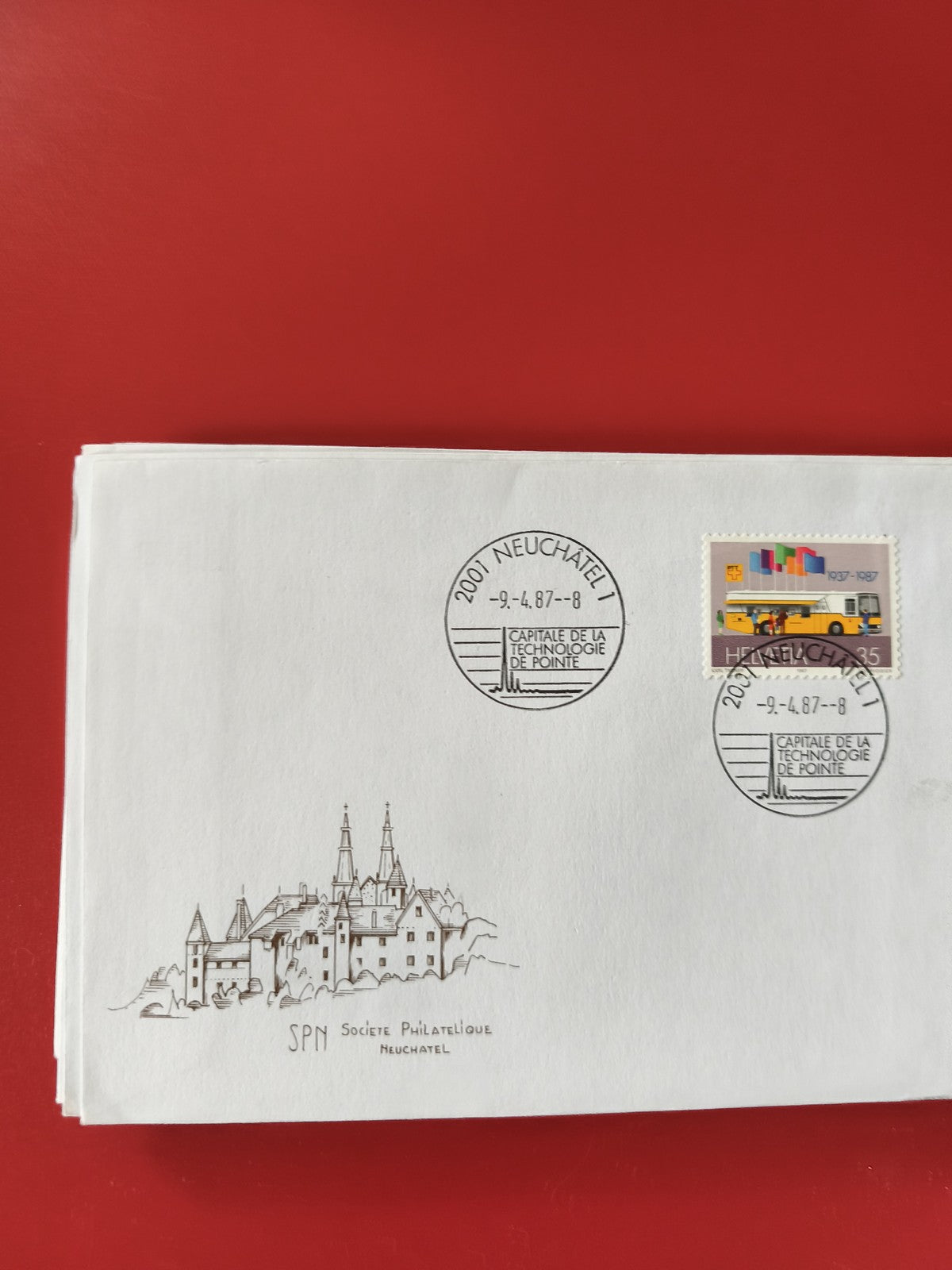 Enveloppe philatélie Neuchâtel SPM, timbre illustré et cachet 1987