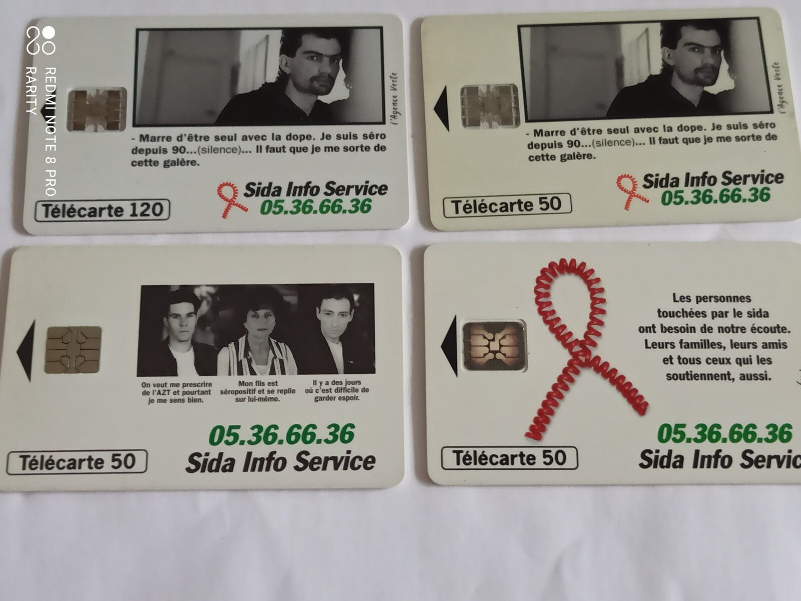 Lot 4 télécartes vintage Sida Info Service années 90, puce, visuels campagne SID