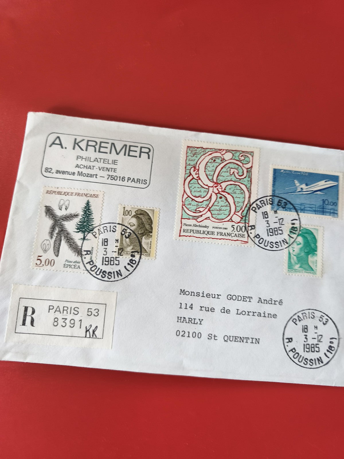 Enveloppe philatélie oblitérée Paris 1985 timbres République Française