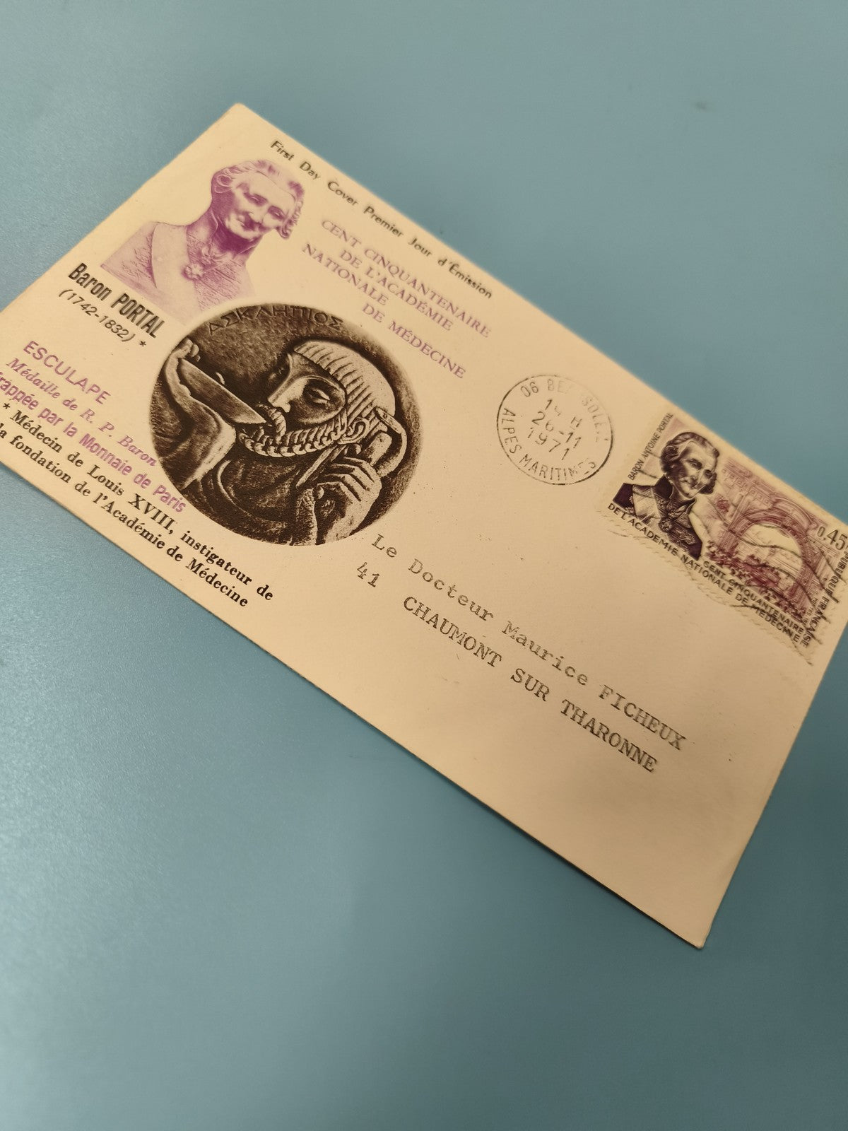 Enveloppe premier jour FDC Académie de Médecine timbre Baron Portal 1971