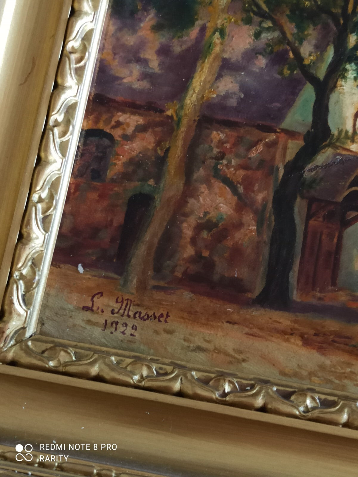 Peinture ancienne Laure Masset 1922 maison campagne cadre doré paysage
