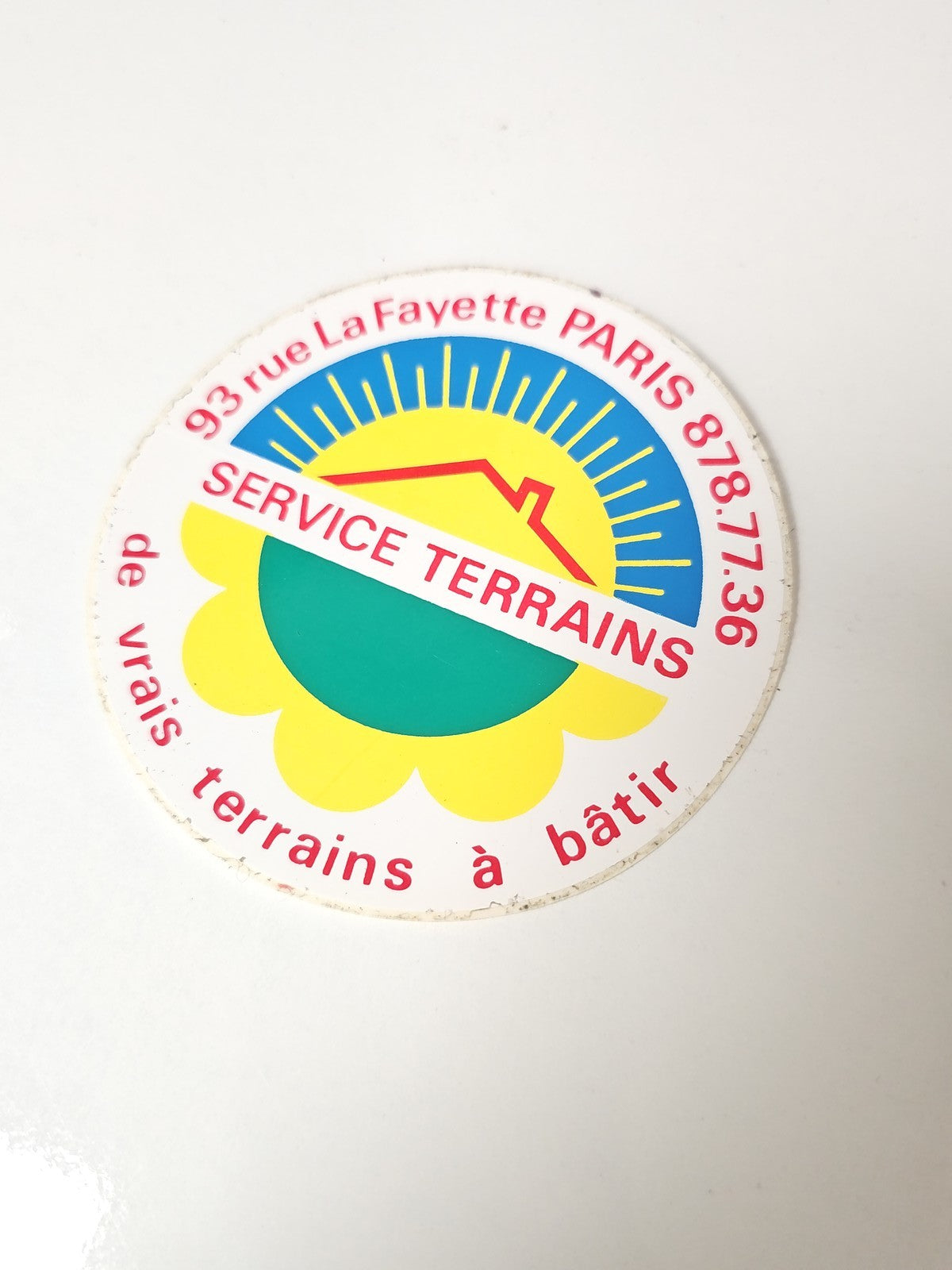 Vintage autocollant ancien publicitaire service terrains grand format rétro déco