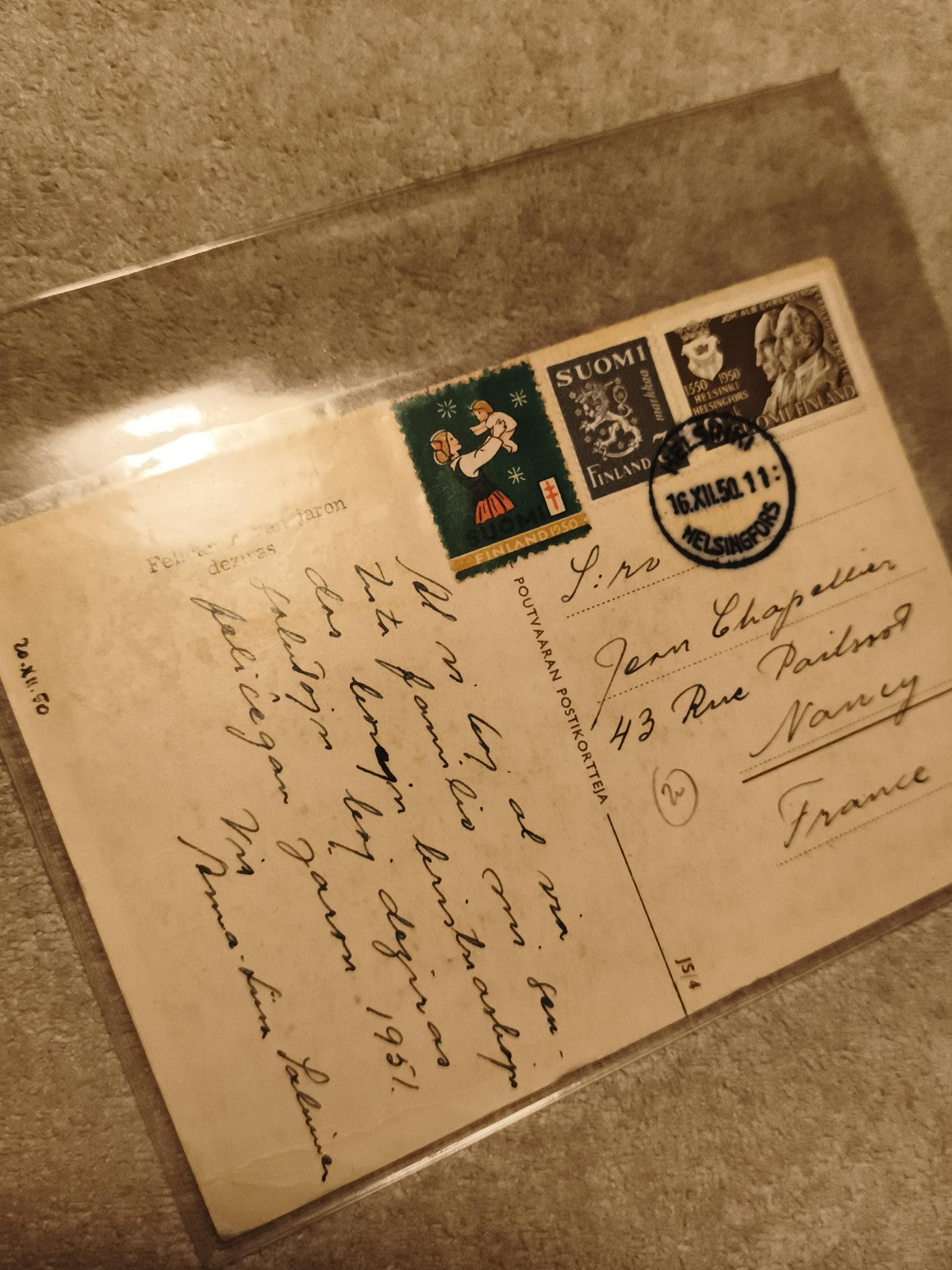 Carte postale Finlande 1950 timbres Helsinki Philatélie Suomi (Ref 27)