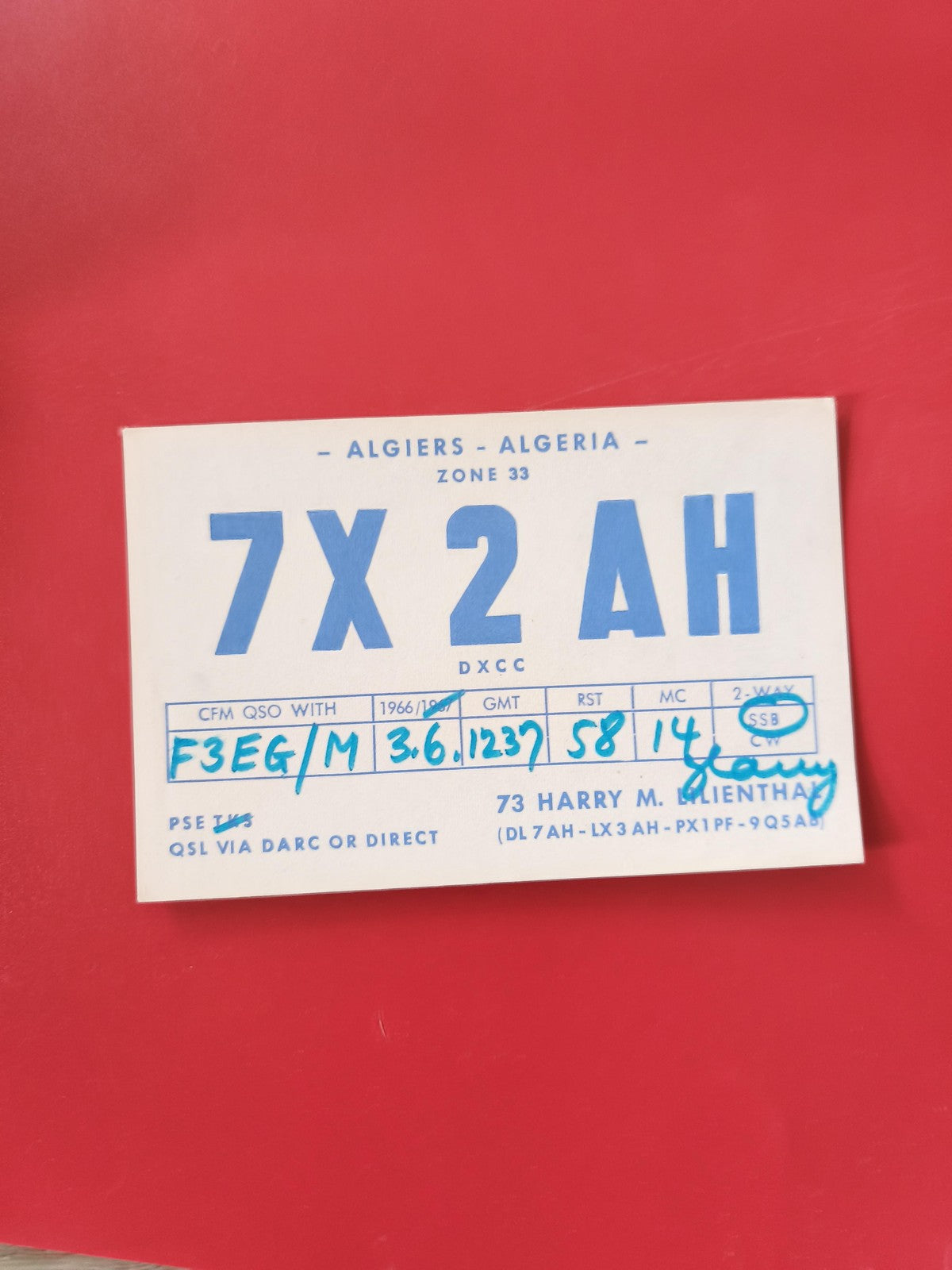 Carte radio QSL 7X2AH Algérie Algiers DXCC zone 33 indicatif bleu SSB