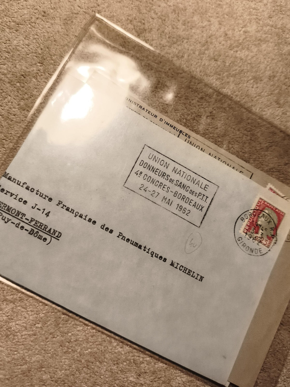 Lettre oblitérée 1962 Michelin Pneumatiques timbre 25c Bordeaux philatélie