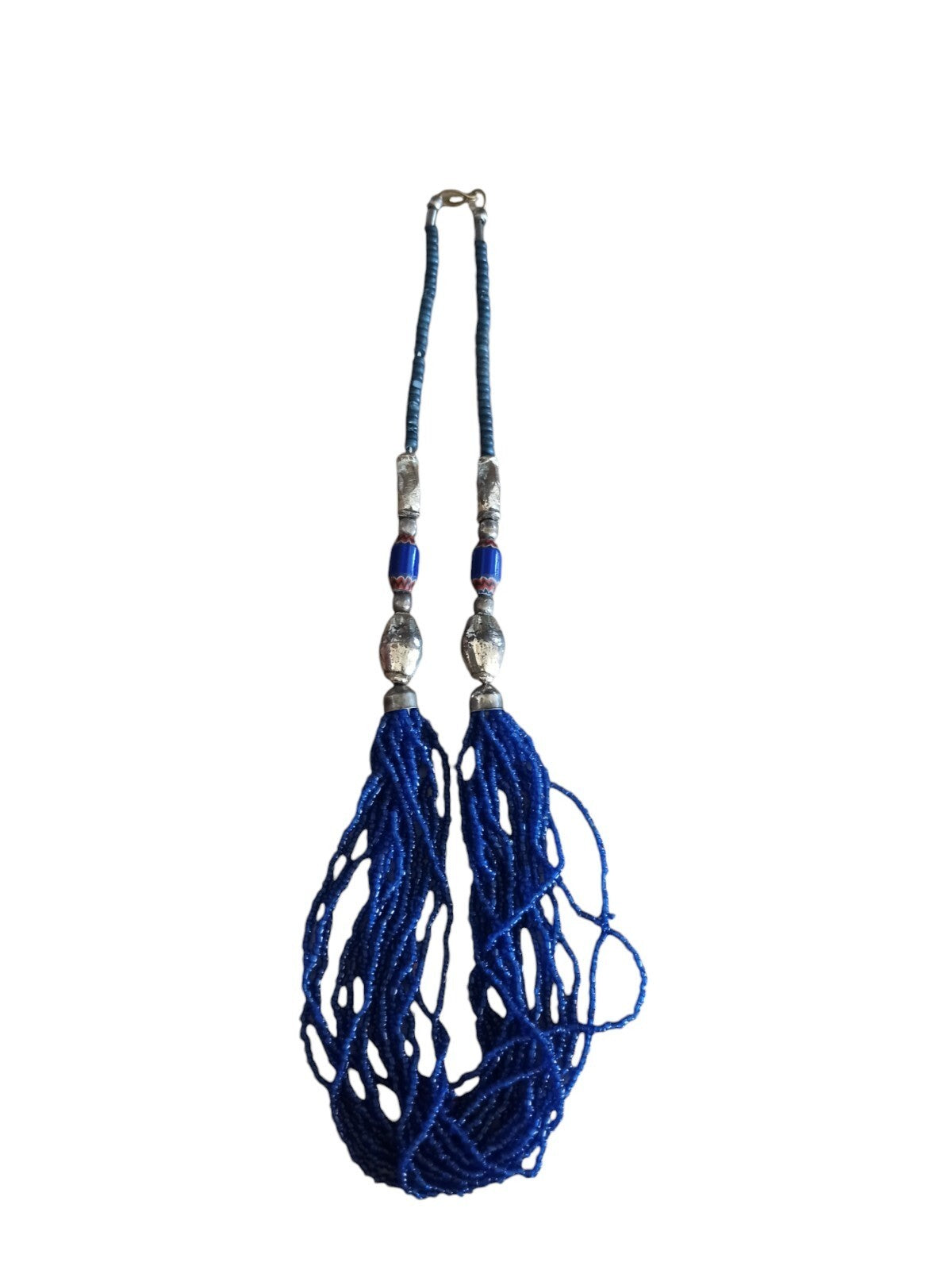 Collier ethnique vintage années 90 perles bleues multi-rangs fantaisie
