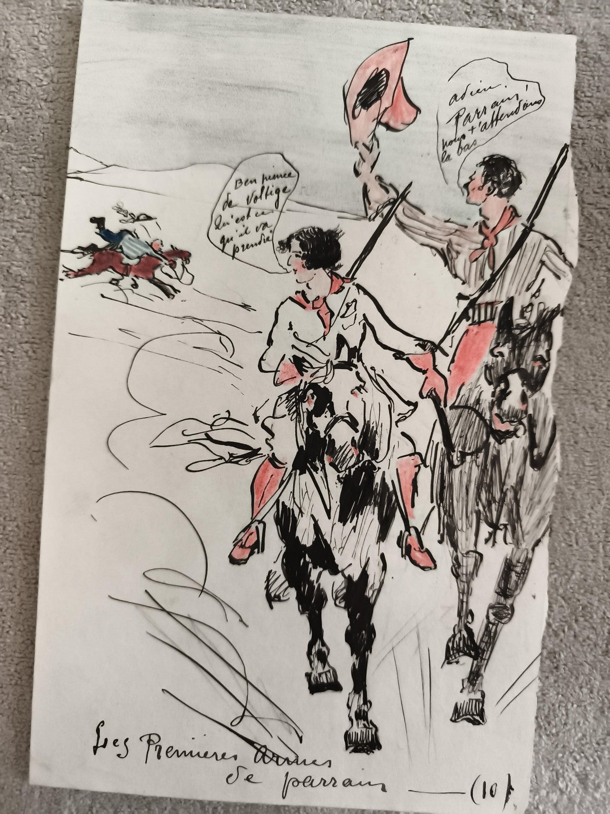 CPA illustrée Les Premières Armes de parrain dessin cavaliers chevaux