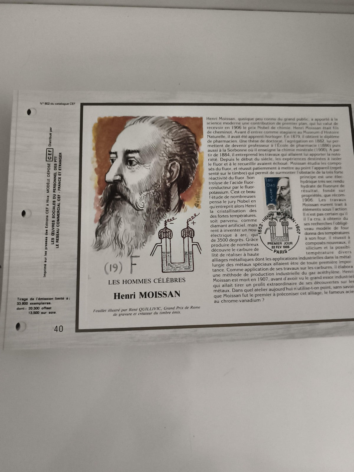Feuillet philatélique CEF Henri Moissan Les Hommes Célèbres timbre 1986