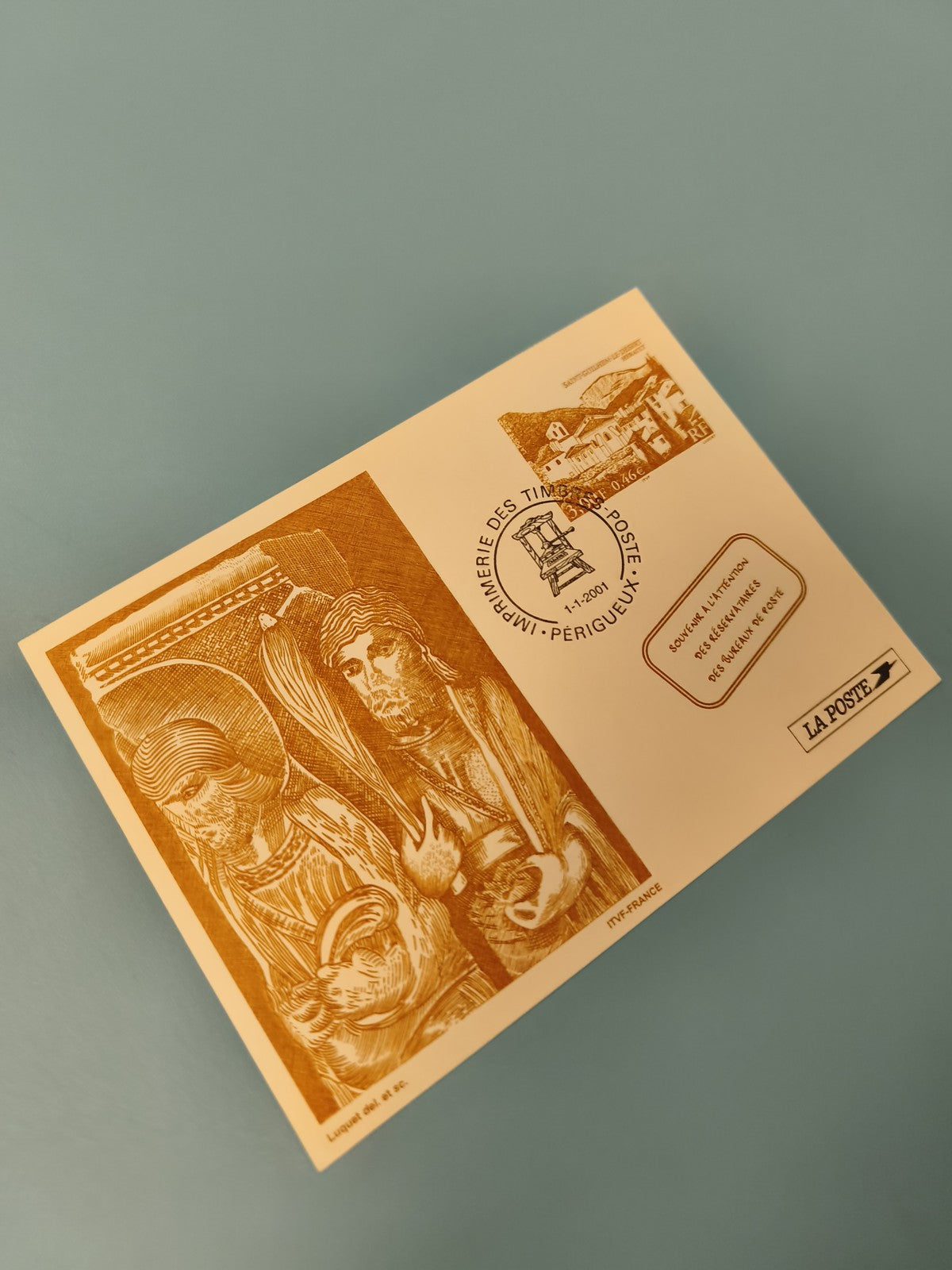 Carte philatélie La Poste oblitérée illustration dorée Imprimerie des Timbres