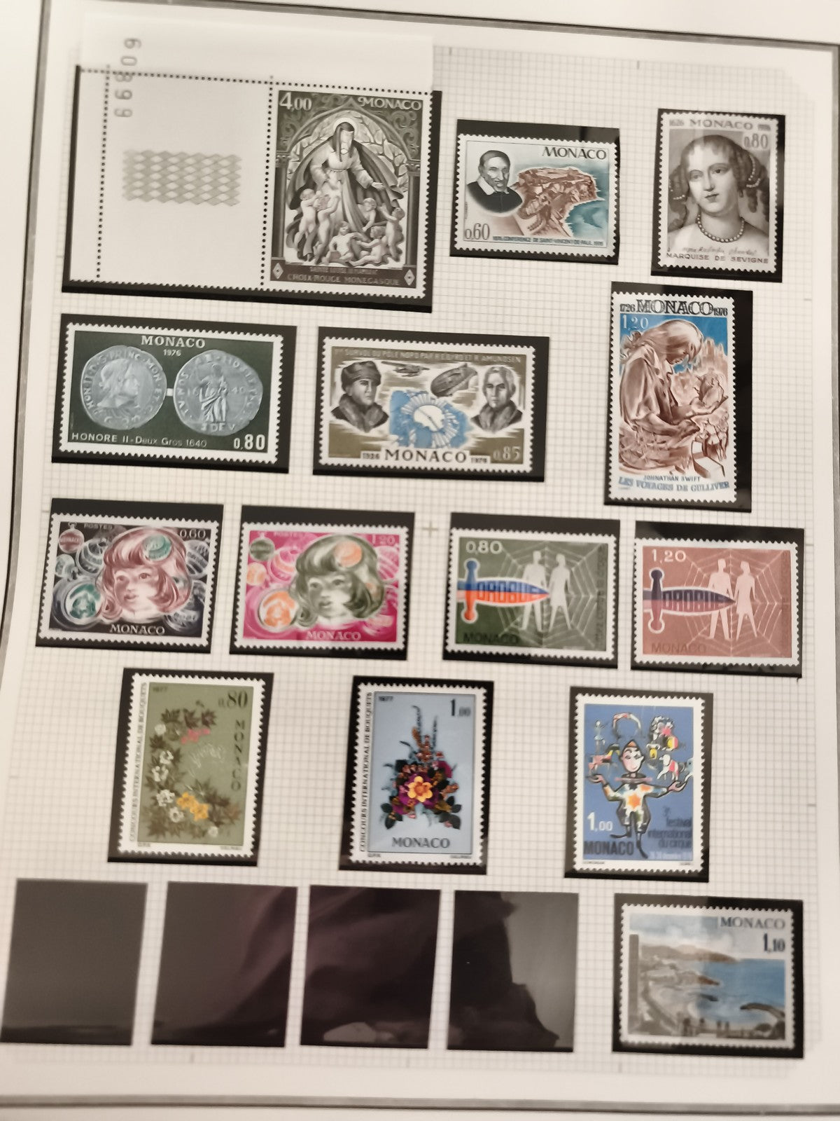 Timbres Monaco neufs XXe, Croix-Rouge, personnalités, fleurs, philatélie