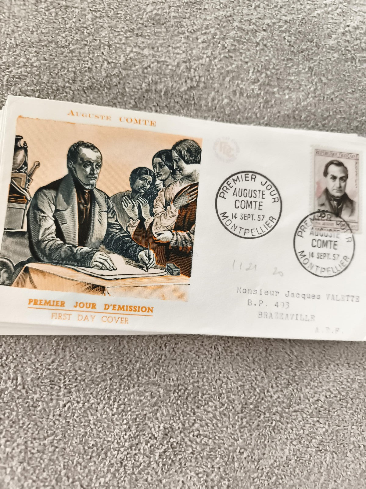 Lettre Premier Jour Auguste Comte 1957 FDC timbre ancien philatélie Montpellier