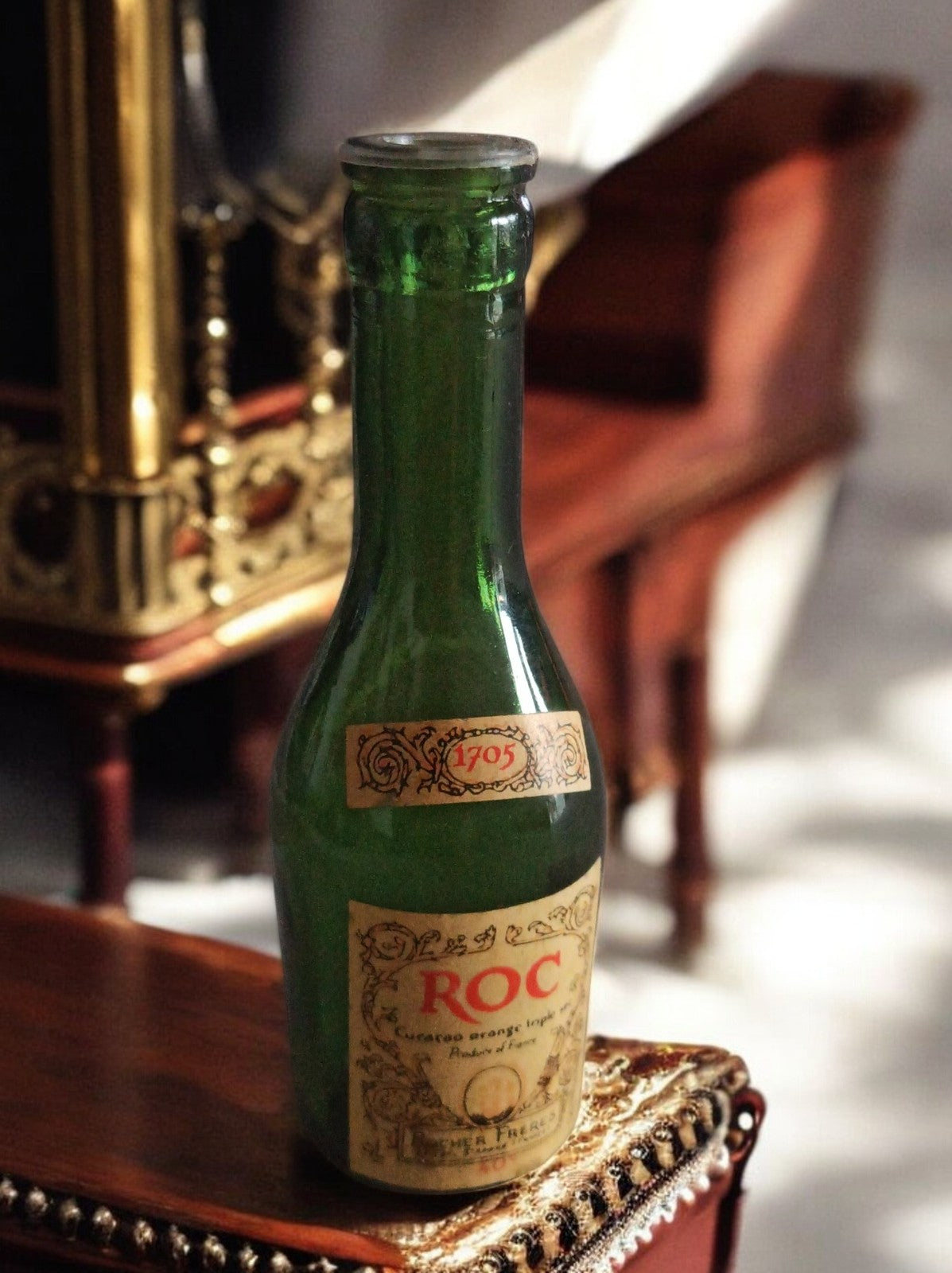 Mignonette alcool ancienne ROC 1905, bouteille verte, étiquette vintage