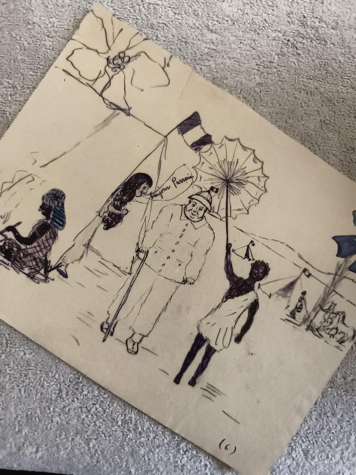 CPA illustrée scène coloniale drapeau France dessin plume (6) humour