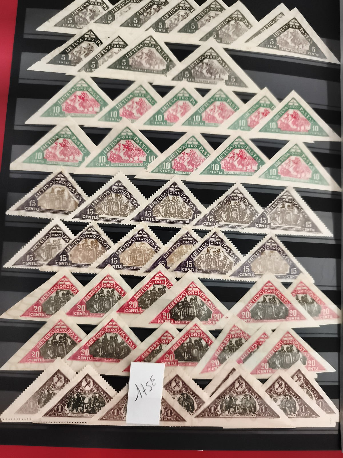 Timbres triangulaires Lituanie Lietuvas Oro Pastas lot x24, 5c 10c 15c 20c, phil