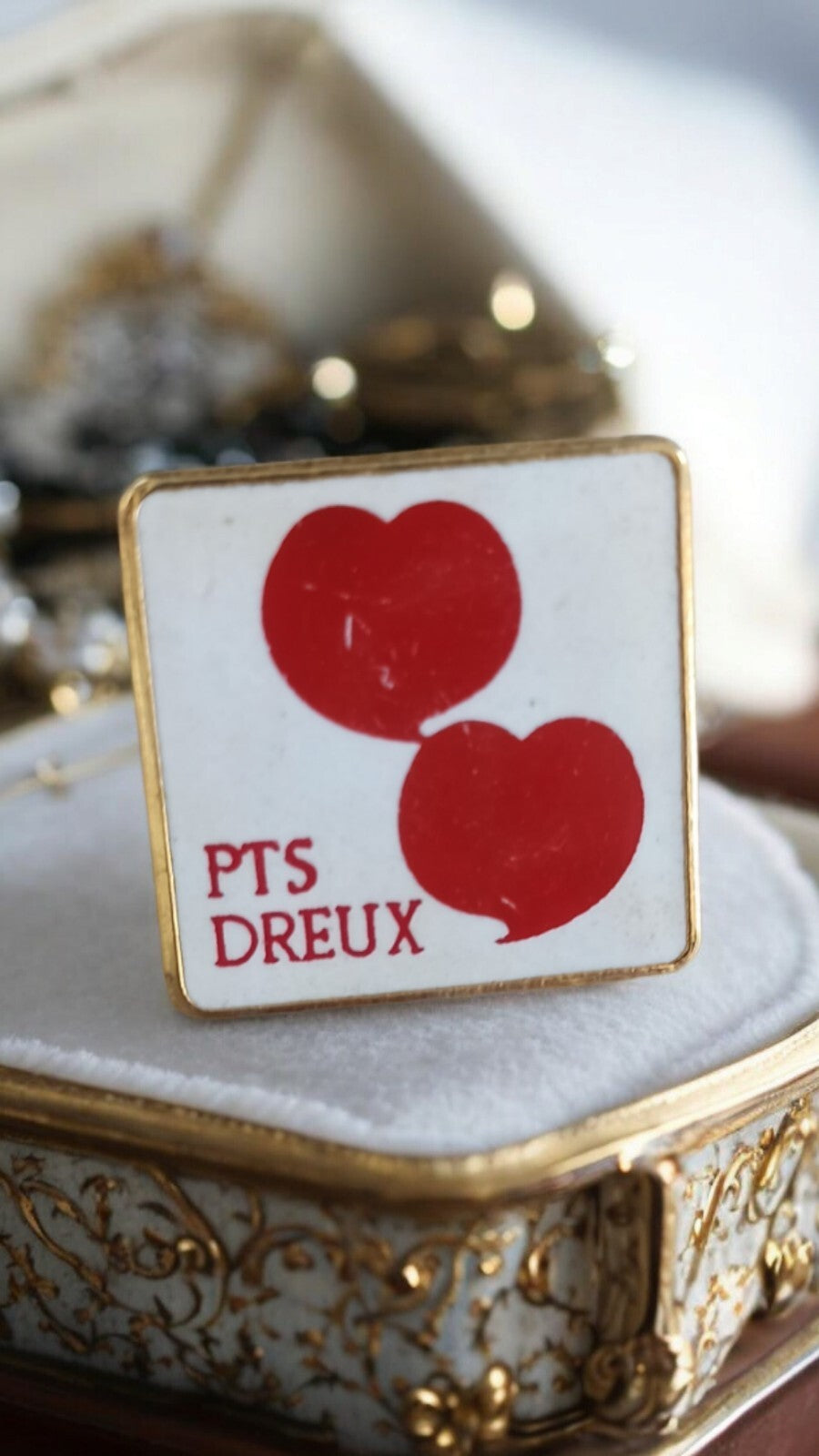 Pin's vintage PTS Dreux rétro, deux c?urs rouges, badge commémoratif