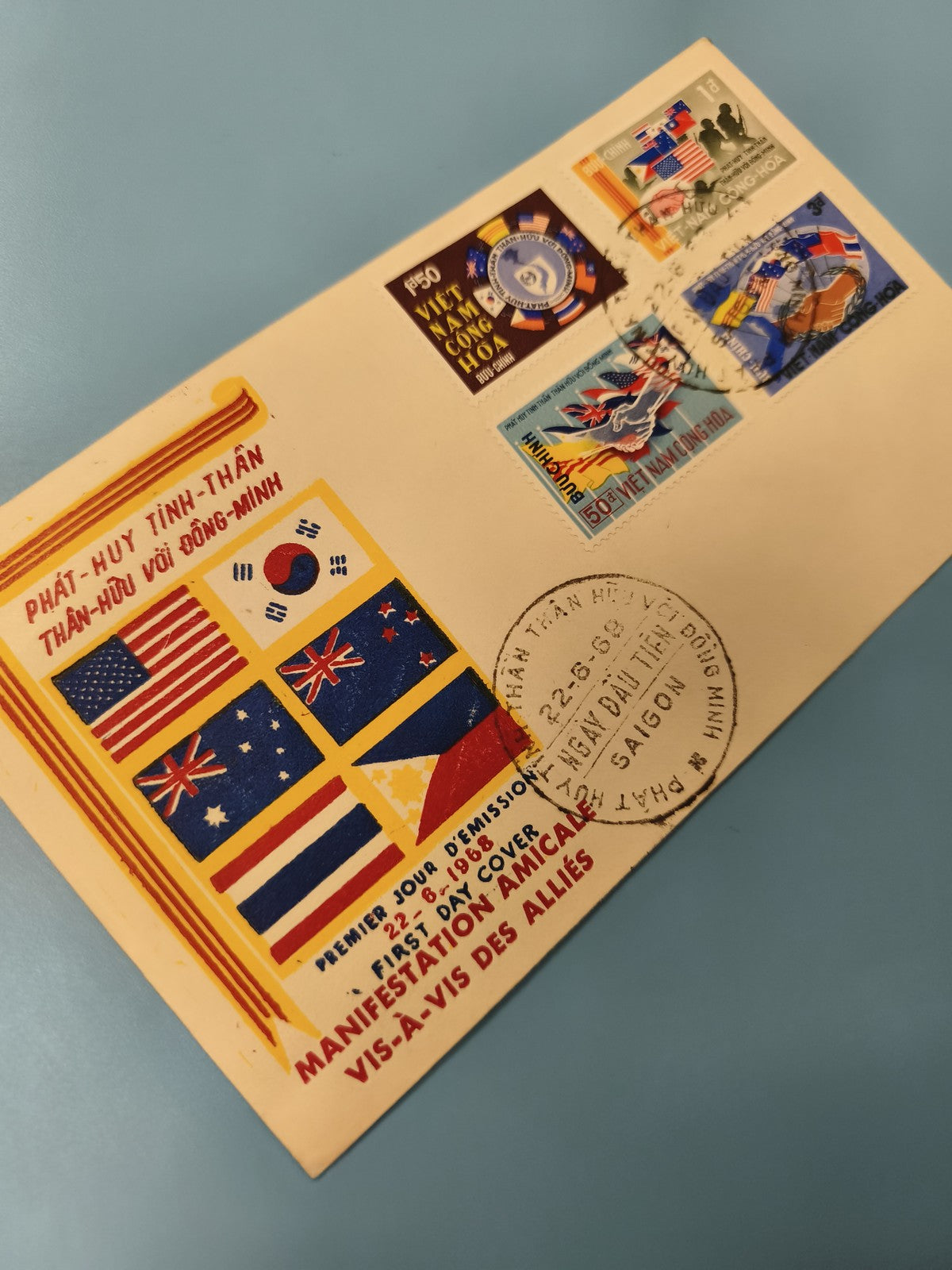 Ancienne enveloppe FDC Vietnam 1968 alliés, timbres, Manifestation Amicale