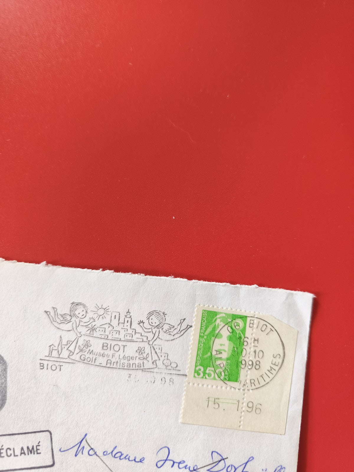 Enveloppe philatélie oblitérée Biot avec timbre Marianne vert 3,50 F