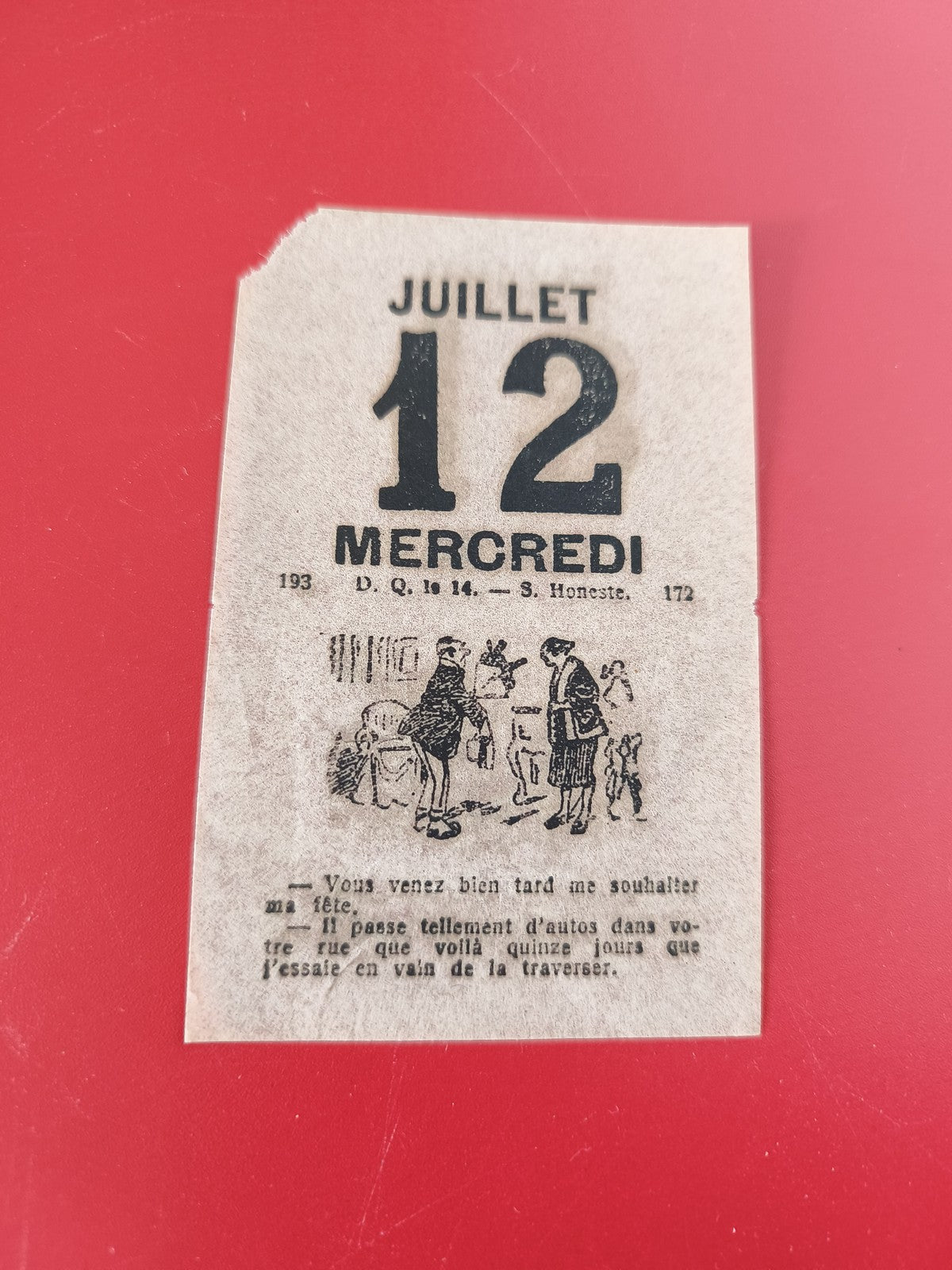 Ancien feuillet calendrier vintage 12 juillet mercredi ? illustration rétro