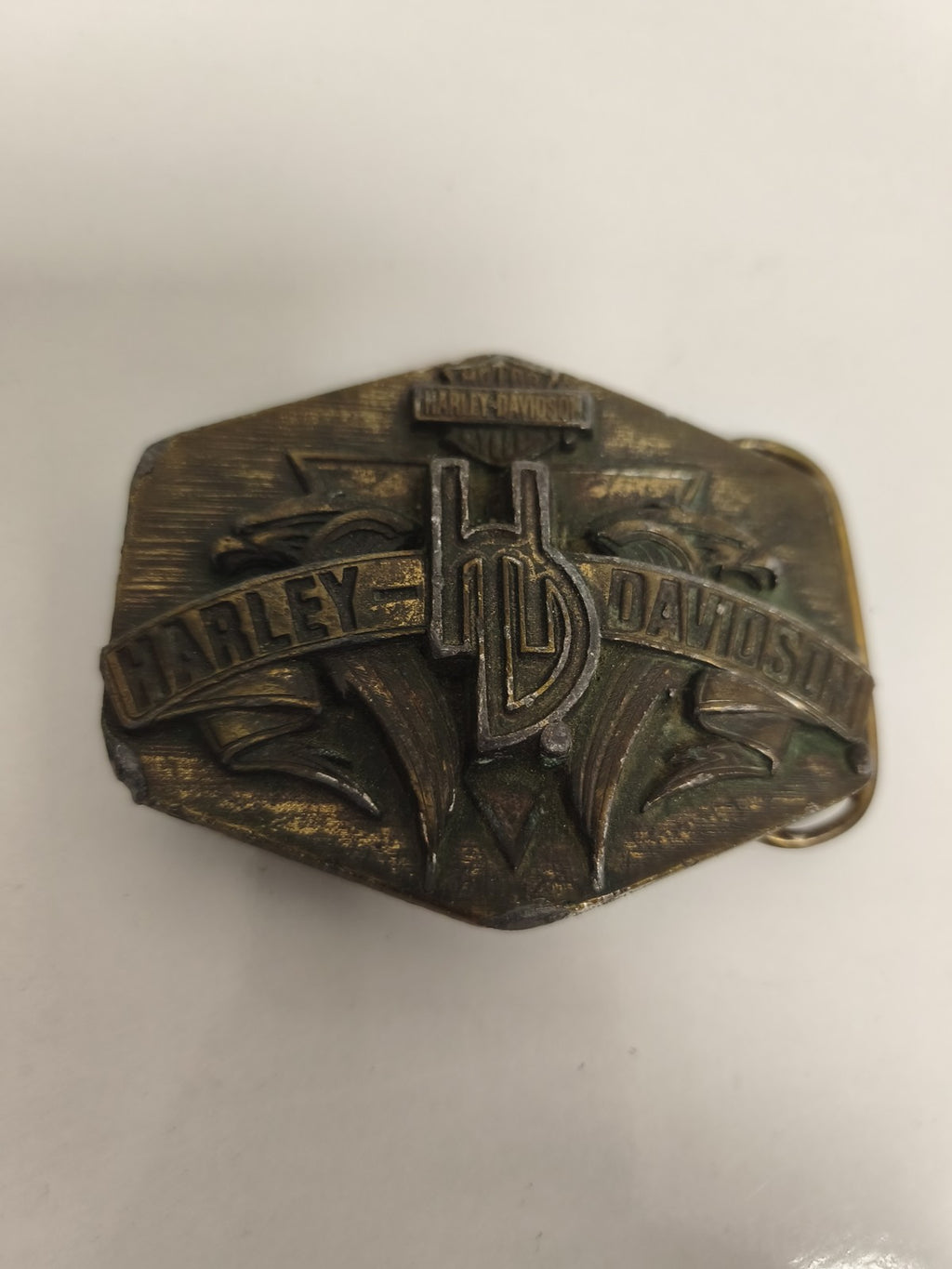 Boucle de ceinture Harley Davidson ancienne patinée logo relief vintage biker