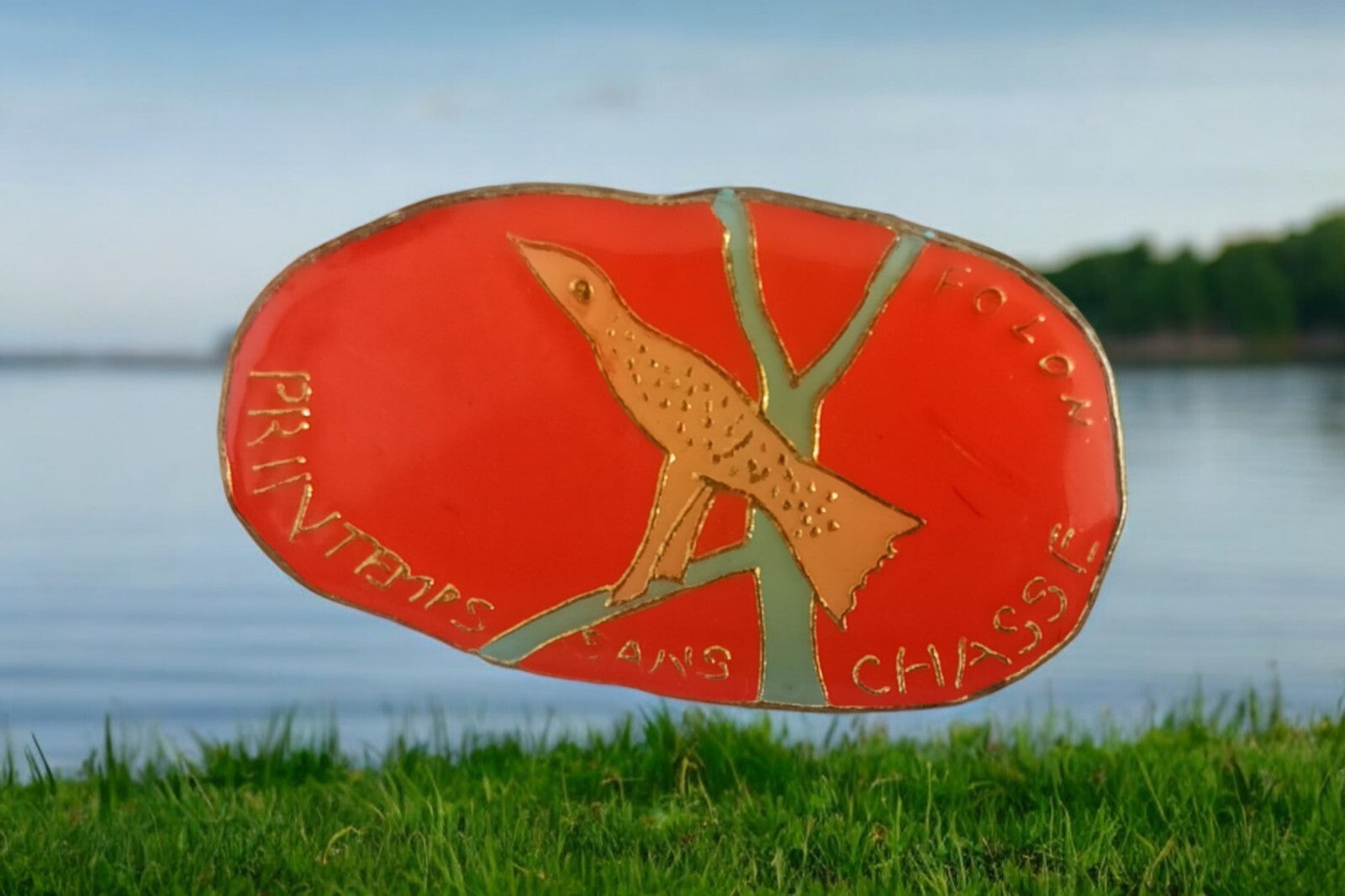 Pin's Printemps Sans Chasse Polon Vintage Années 80 rétro rouge oiseau