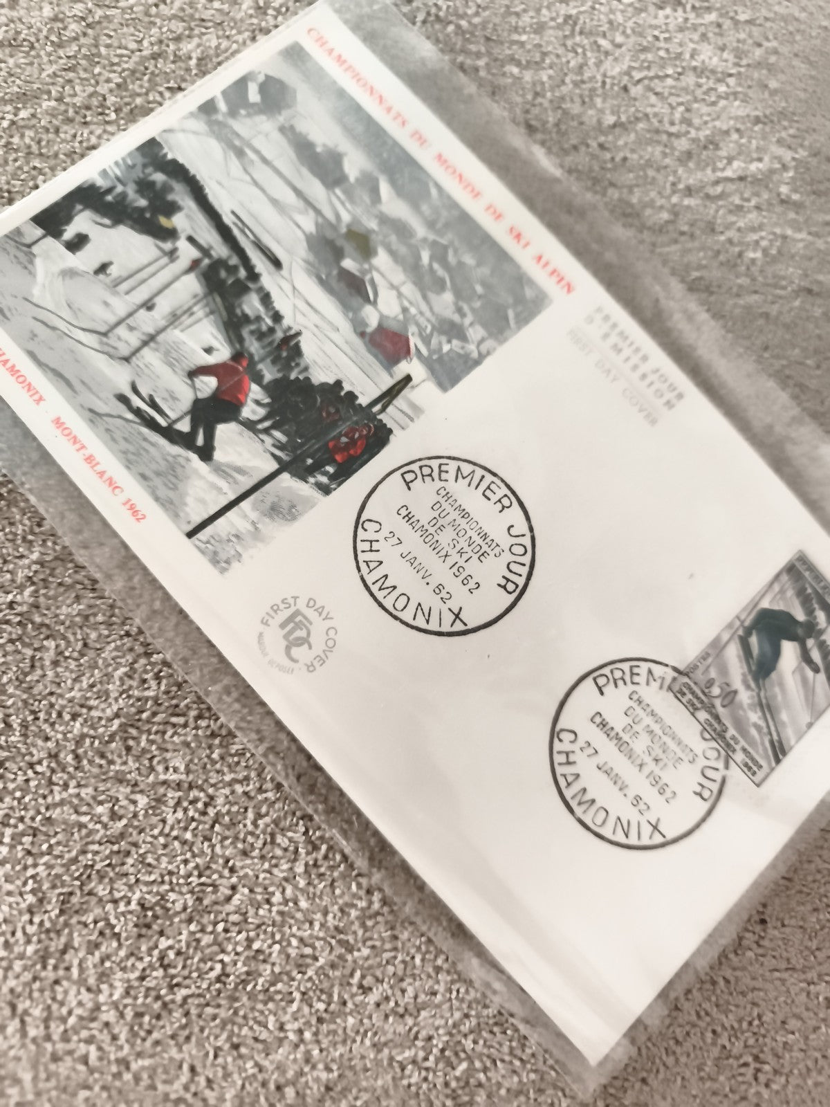 Lettre 1er jour Chamonix 1962 ski alpin, enveloppe philatélie ancienne FDC