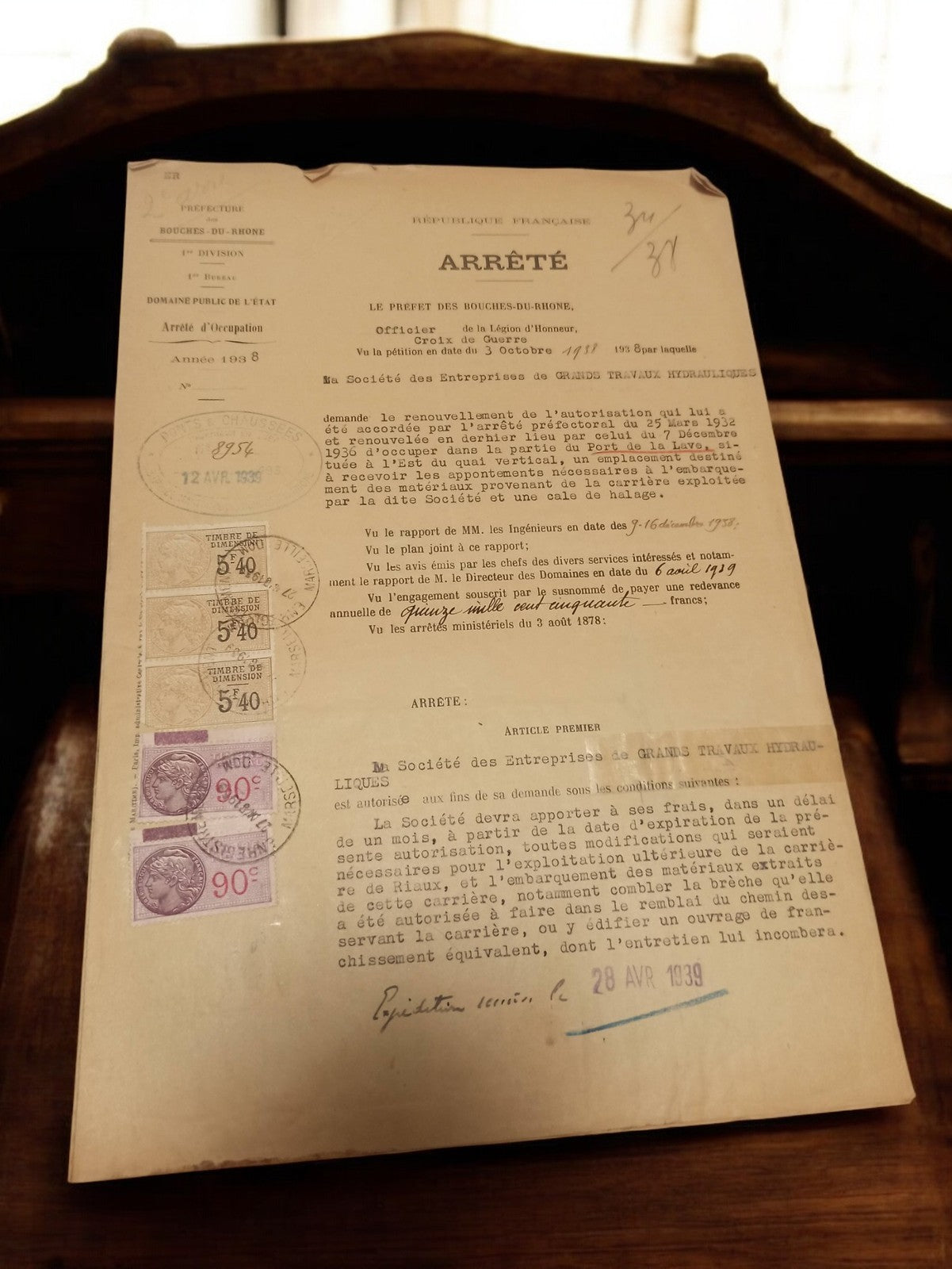 Document arrêté préfectoral Marseille 1938 timbres fiscaux vintage Bouches-du-Rh