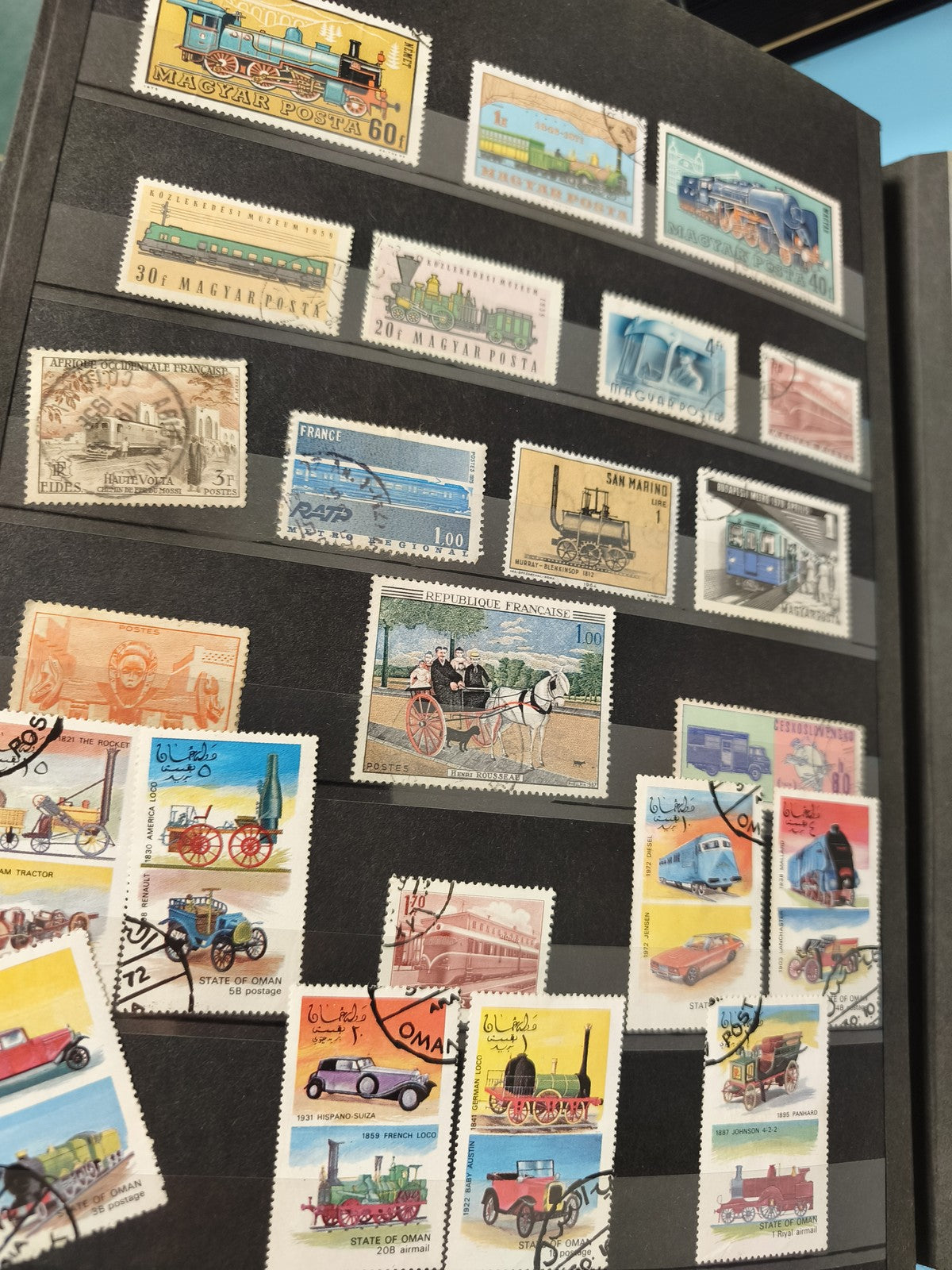 Lot anciens timbres oblitérés étrangers autos trains transports collection