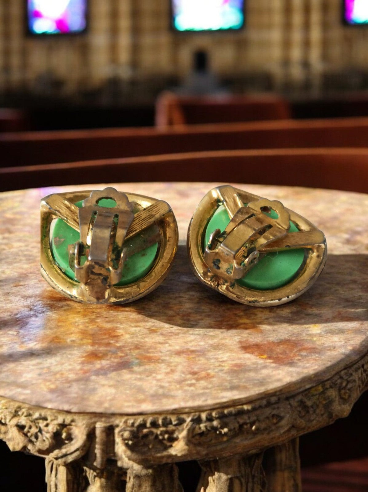 Boucles d’oreilles vintage 1970 vertes dorées fantaisie rétro années 70