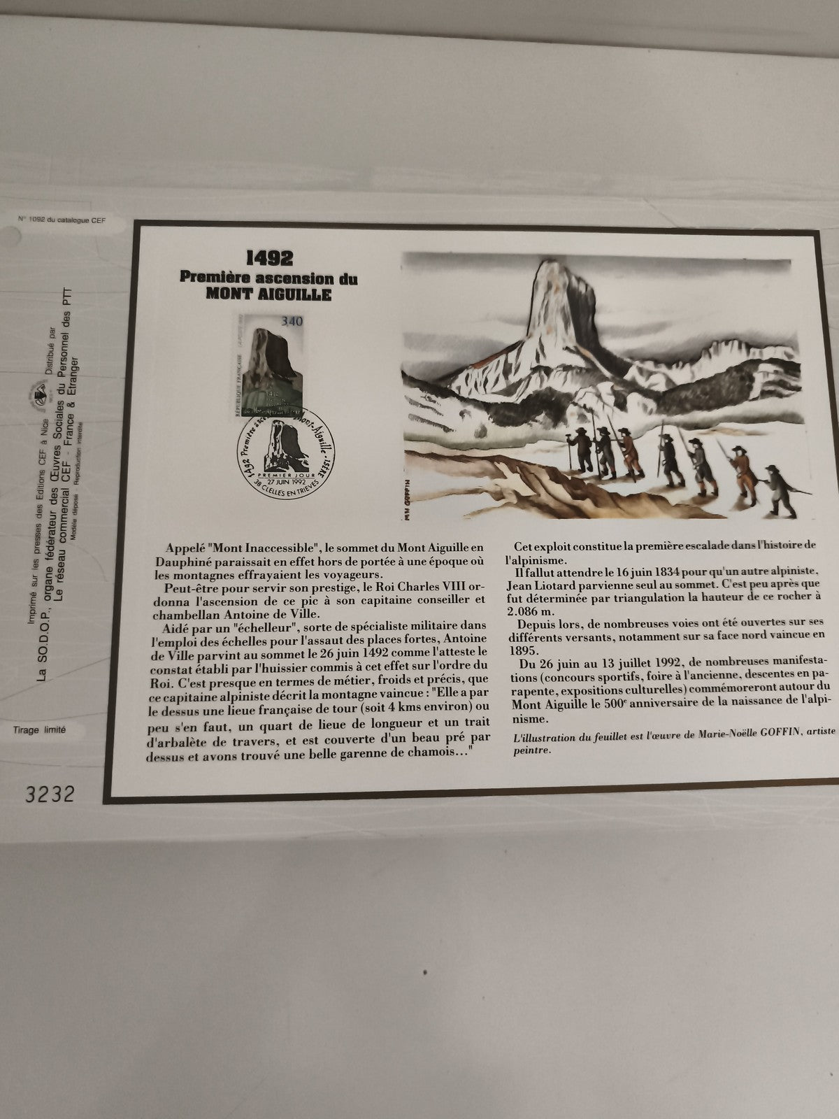 Feuillet CEF 1492 Mont Aiguille première ascension timbre oblitéré France