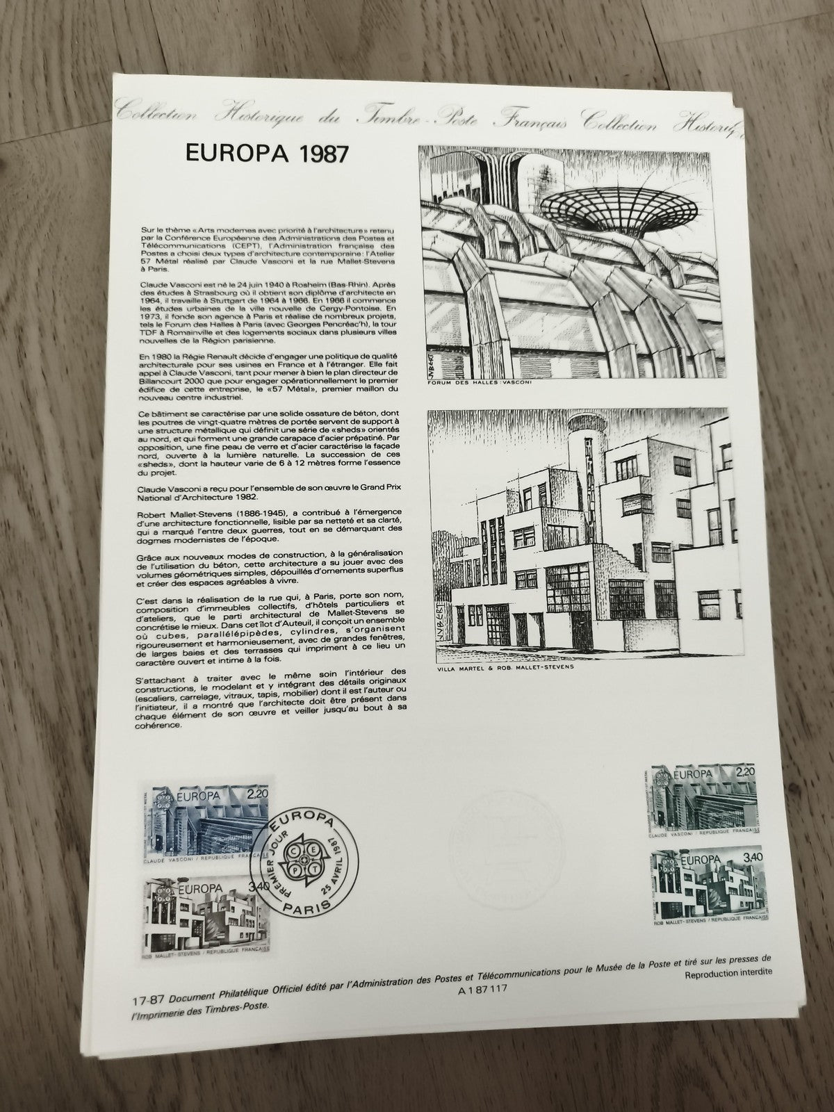 Feuillet philatélique Europa 1987 France, timbres oblitérés, architecture modern