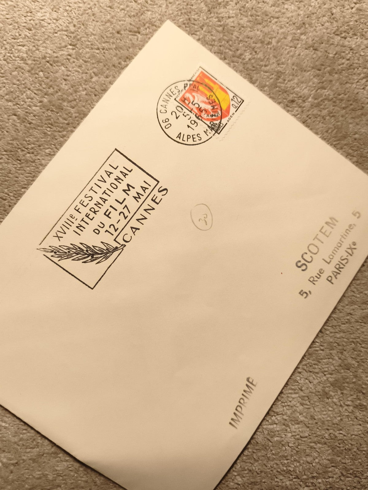 Lettre oblitérée Cannes 1965 Festival Film, timbre Marianne, philatélie (Ref 11)