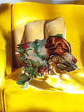 Chromo ancien chien de chasse XIXe, image d’école, décor botanique