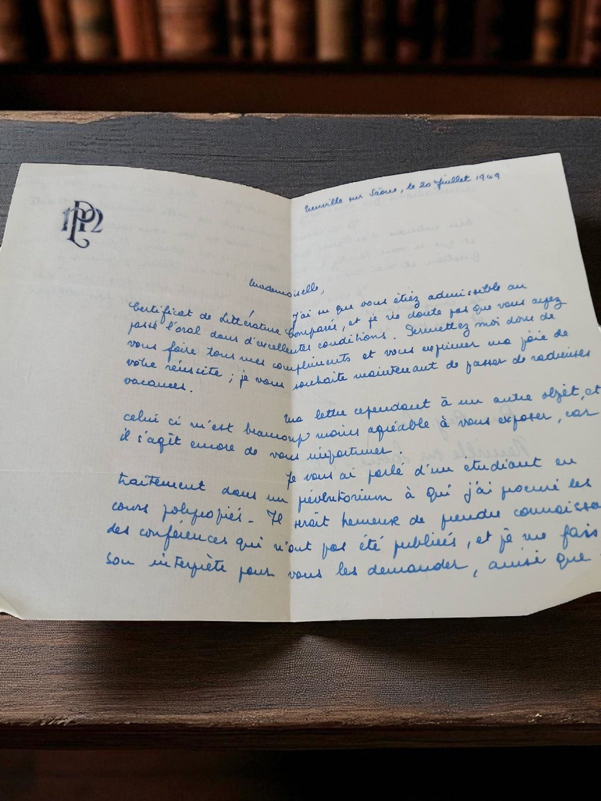 Lettre manuscrite ancienne 1949, écriture bleue, papier à en-tête vintage