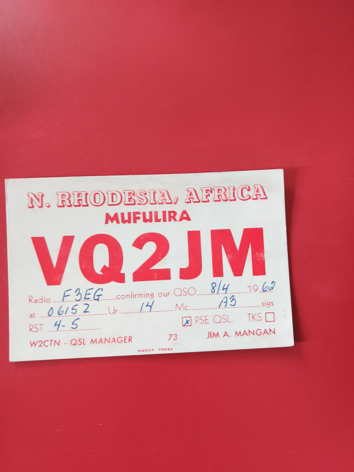 Carte radio QSL VQ2JM Mufulira N. Rhodesia Afrique, rouge et blanc, d'occasion