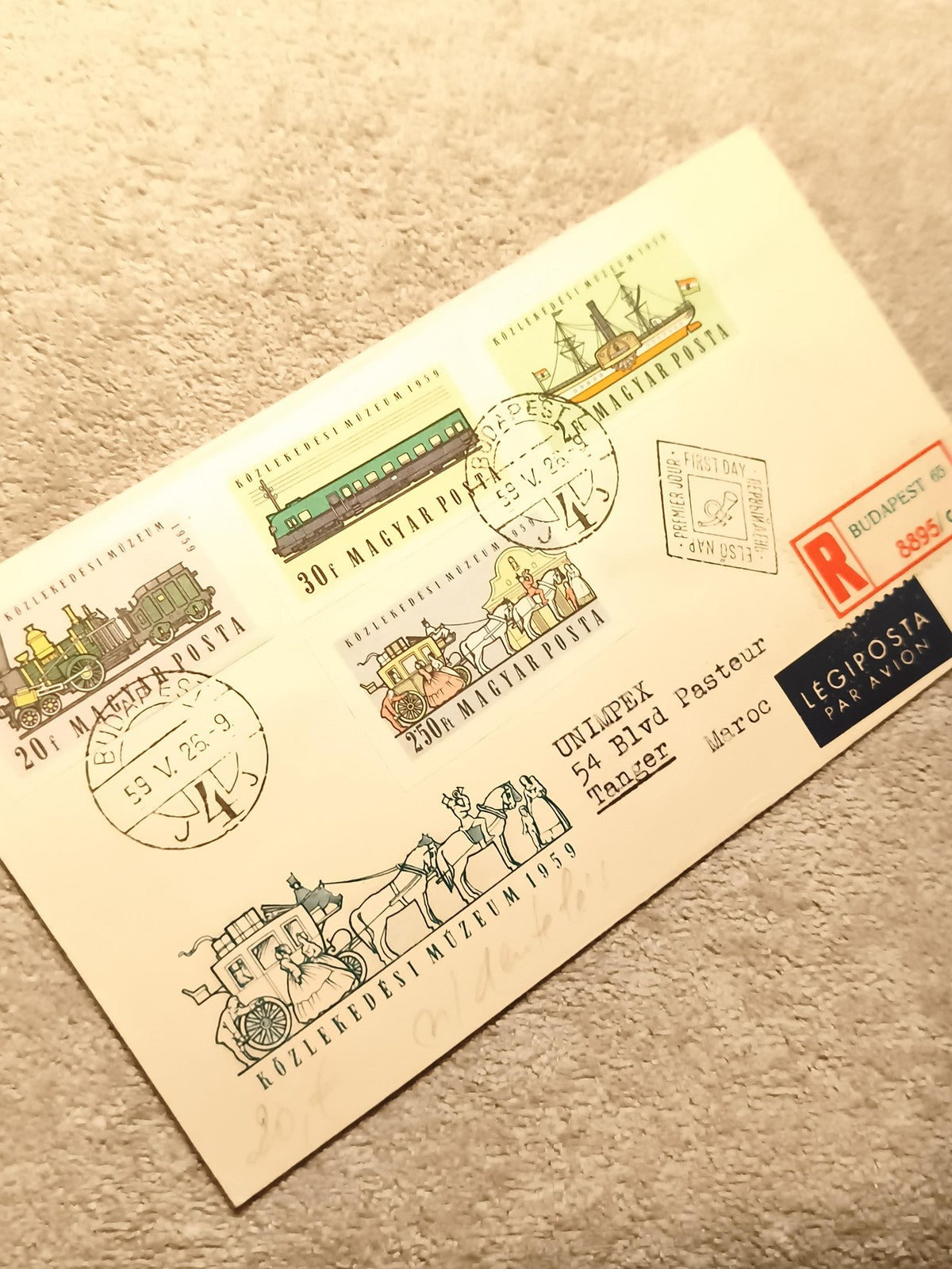 Lettre premier jour Hongrie 1959 Közlekedési Múzeum timbres trains bateaux