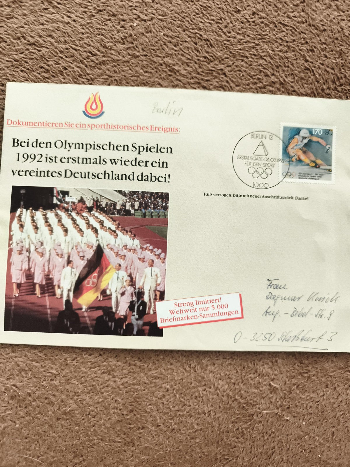 Enveloppe premier jour JO 1992 Allemagne unifiée timbre Berlin philatélie