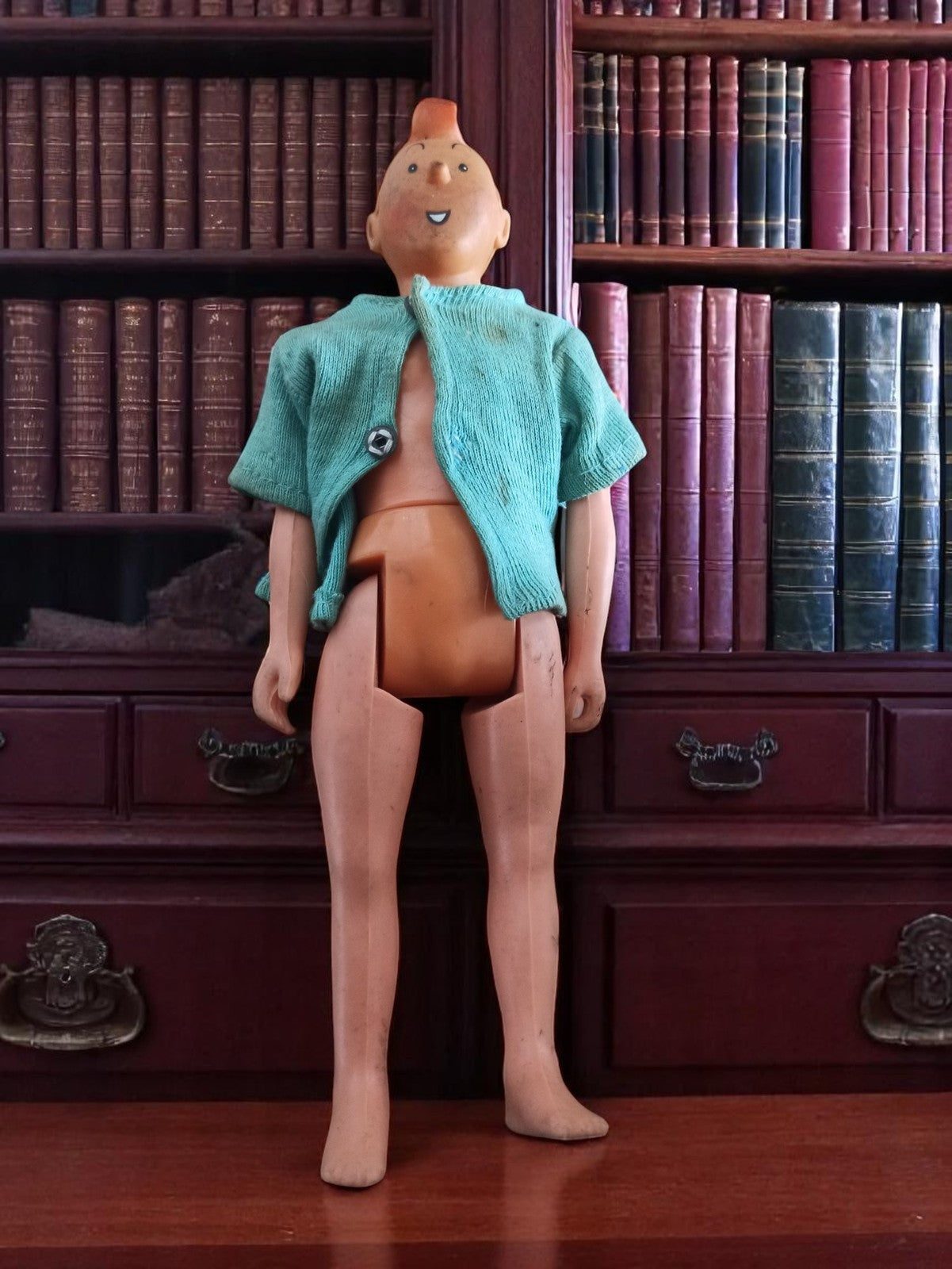 Figurine Tintin vintage ancien, gilet bleu, visage souriant, rare