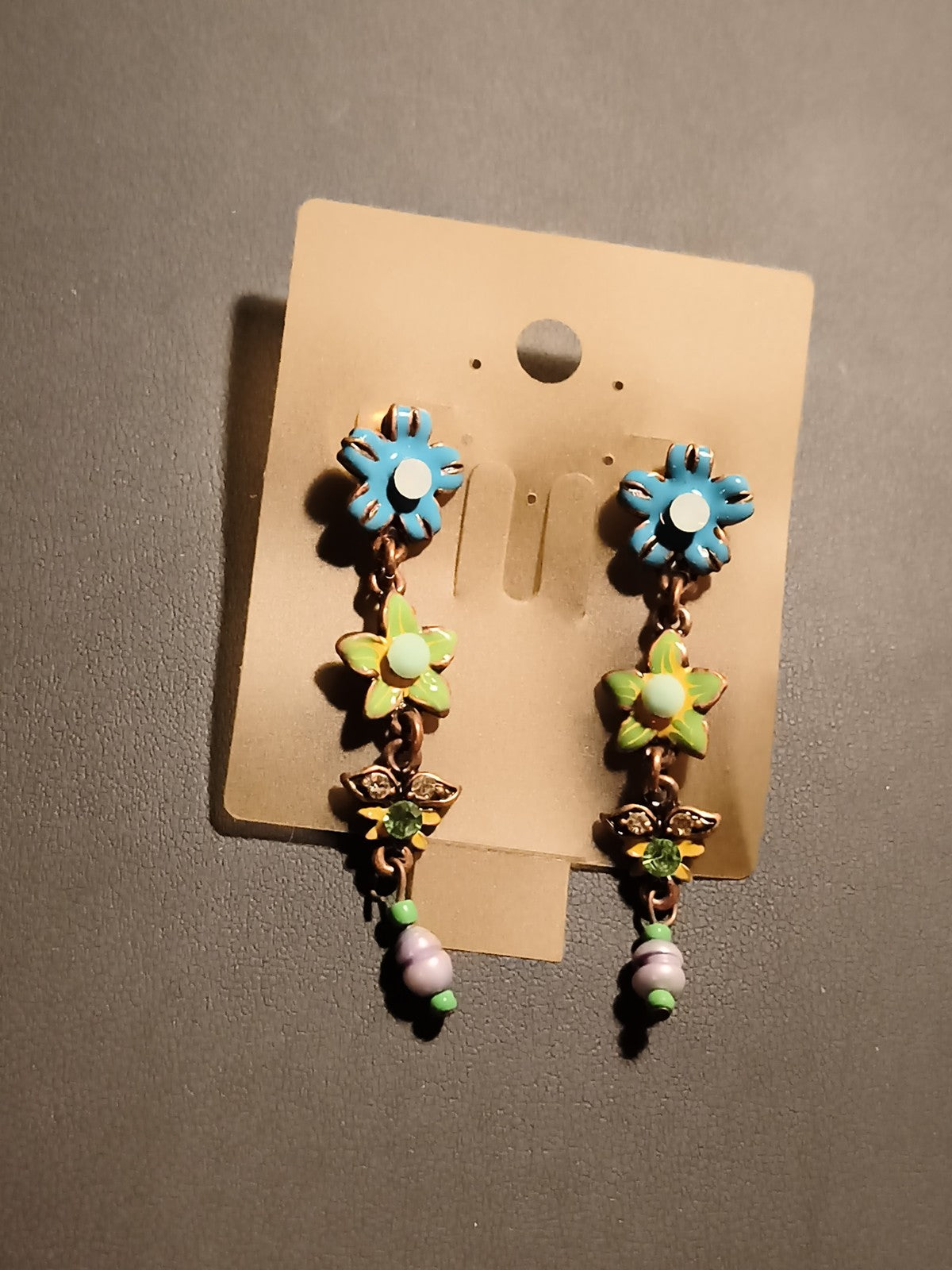 Boucles d’oreilles vintage pendantes fleurs bleu vert deadstock fantaisie rétro