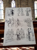 Planche illustrée vintage scènes vie bourgeoise XIXe, dessin encre, costume anci